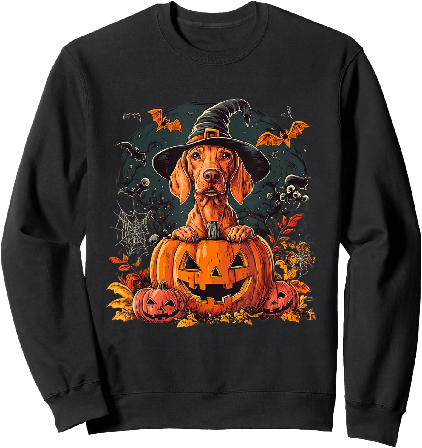 Vizsla Dog Pumpkin Halloween Thanksgiving Sweatshirt - Sweatshirt | Black