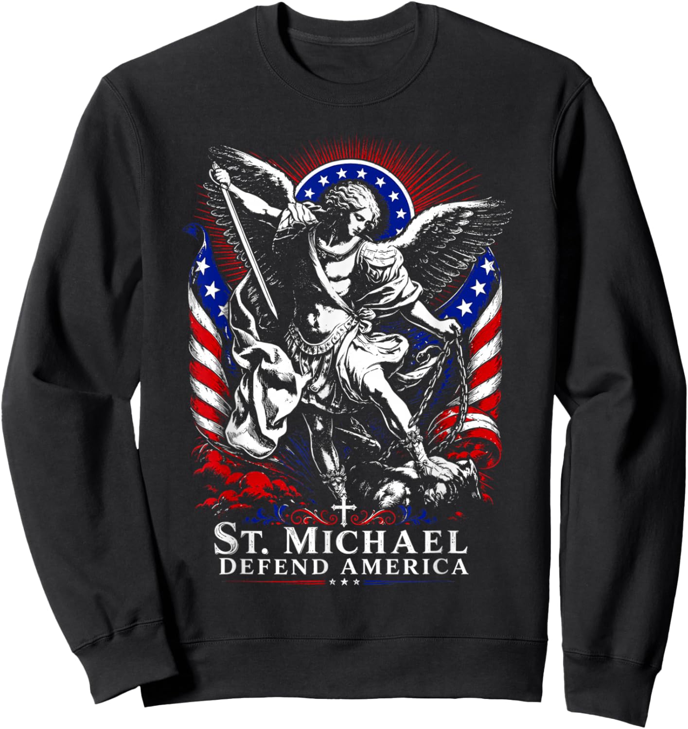 St. Michael Defend America Archangel Patriot USA Flag Sweatshirt - Sweatshirt | Black