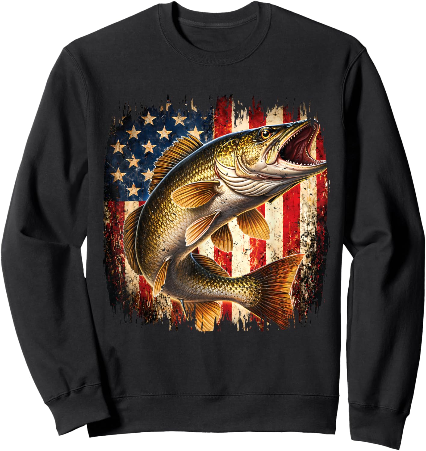 American Flag Walleye Fish Fishing Vintage Fisherman Sweatshirt - Sweatshirt | Black