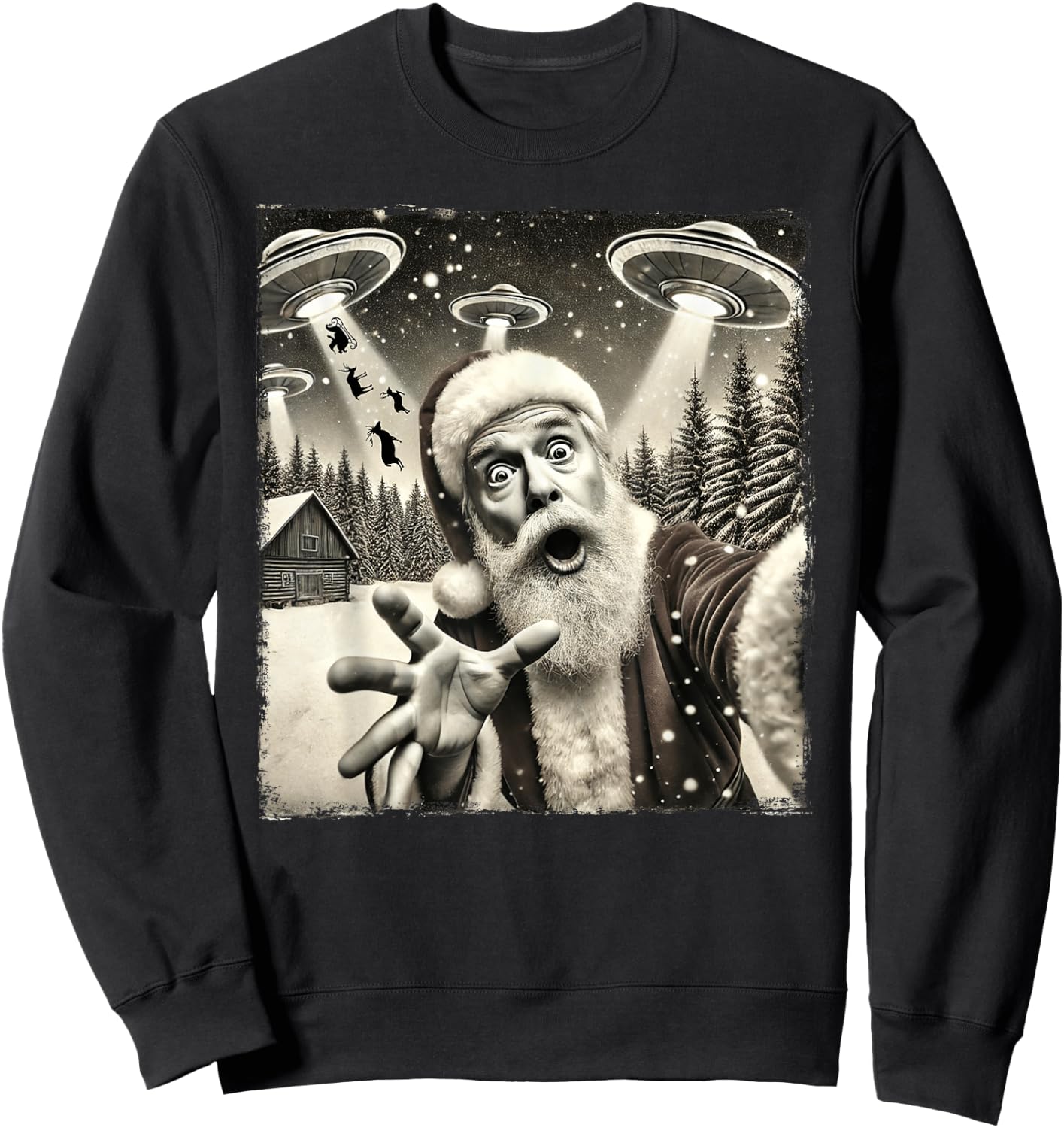 Funny Santa Claus UFO Abduction Christmas Sleigh Reindeer Sweatshirt - Sweatshirt | Black