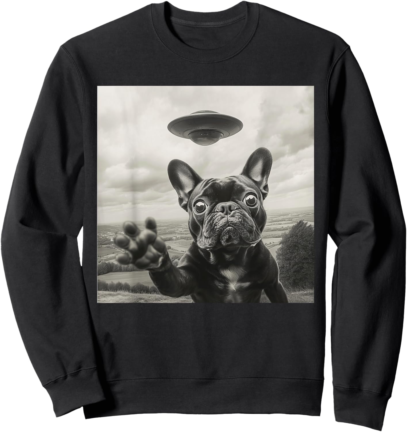Funny French Bulldog Selfie Alien UFO Graphic Gift Men Women Sweatshirt - Sweatshirt | Black