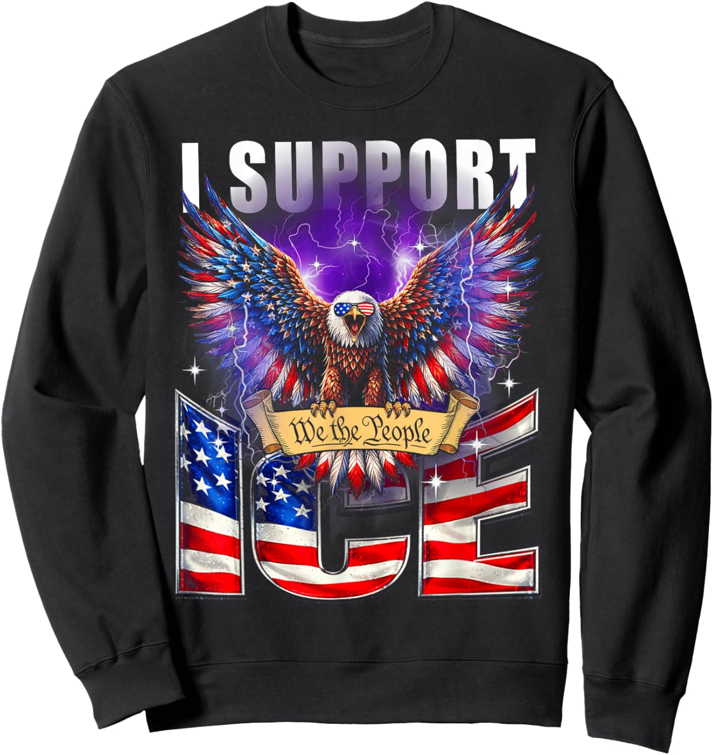 I Support ICE Vintage US Flag Patriotic Sweatshirt - Sweatshirt | Black