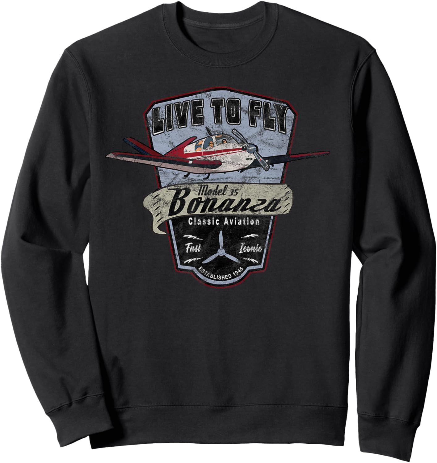 Model 35 Bonanza Airplane "Live to Fly" Vintage Sweatshirt - Sweatshirt | Black