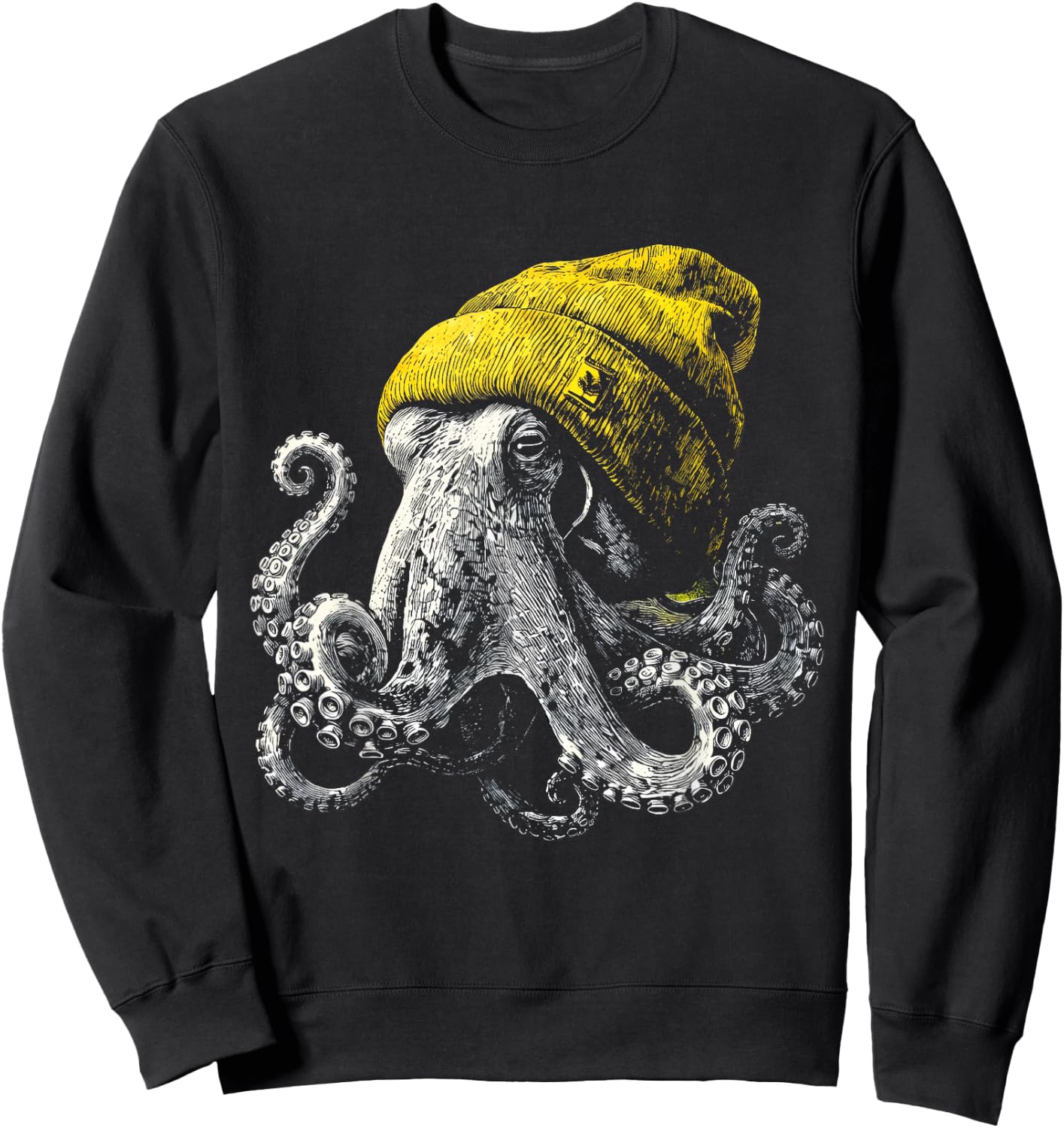 Winter Octopus Wearing Beanie Cute Ocean Animal Art Sweatshirt - Sweatshirt | Black