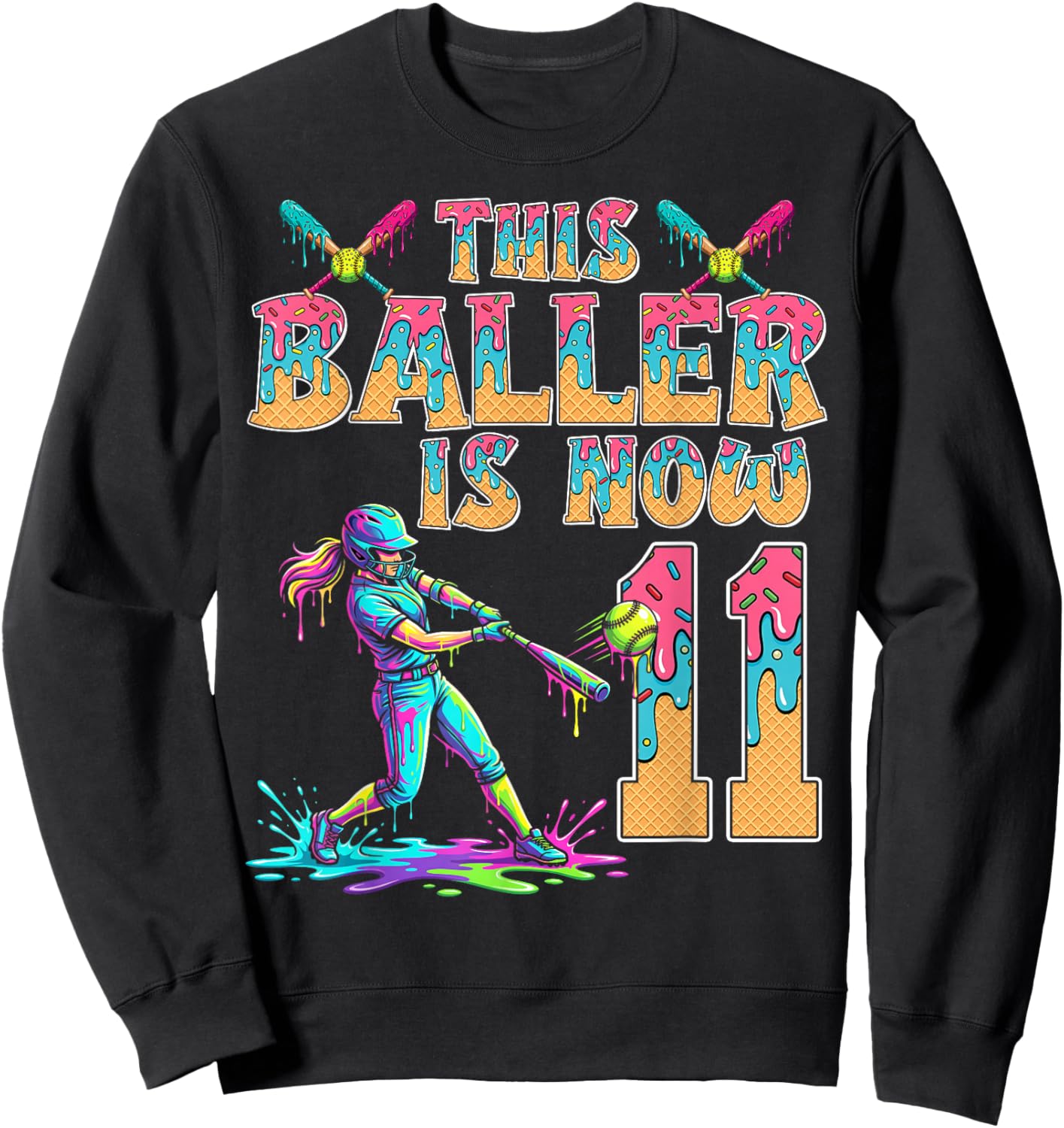 This Baller is Now 11 Years Old Birthday Girl Softball 11th Sweatshirt - Sweatshirt | Black