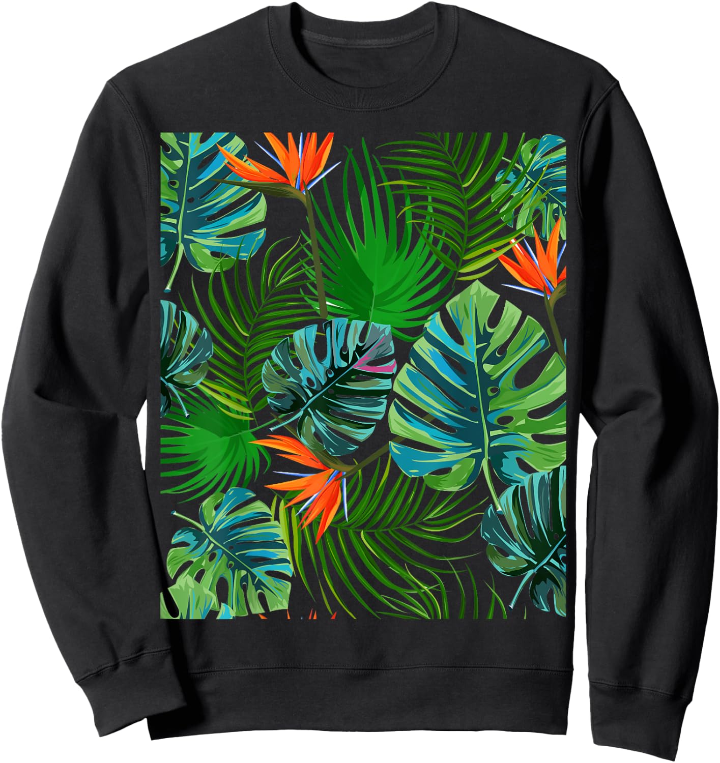 Birds of Paradise Tropical Floral Pattern Printed Sweatshirt - Sweatshirt | Black