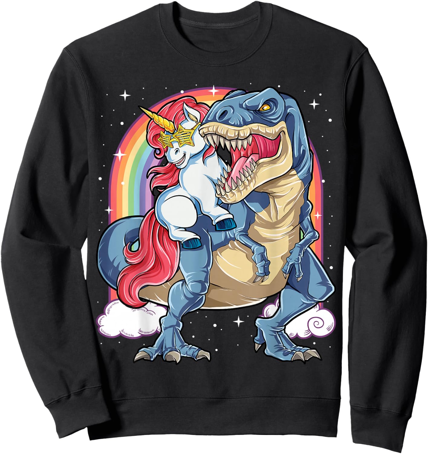 Unicorn Riding T rex Dinosaur Boys Girls Men Women Rainbow Sweatshirt - Sweatshirt | Black