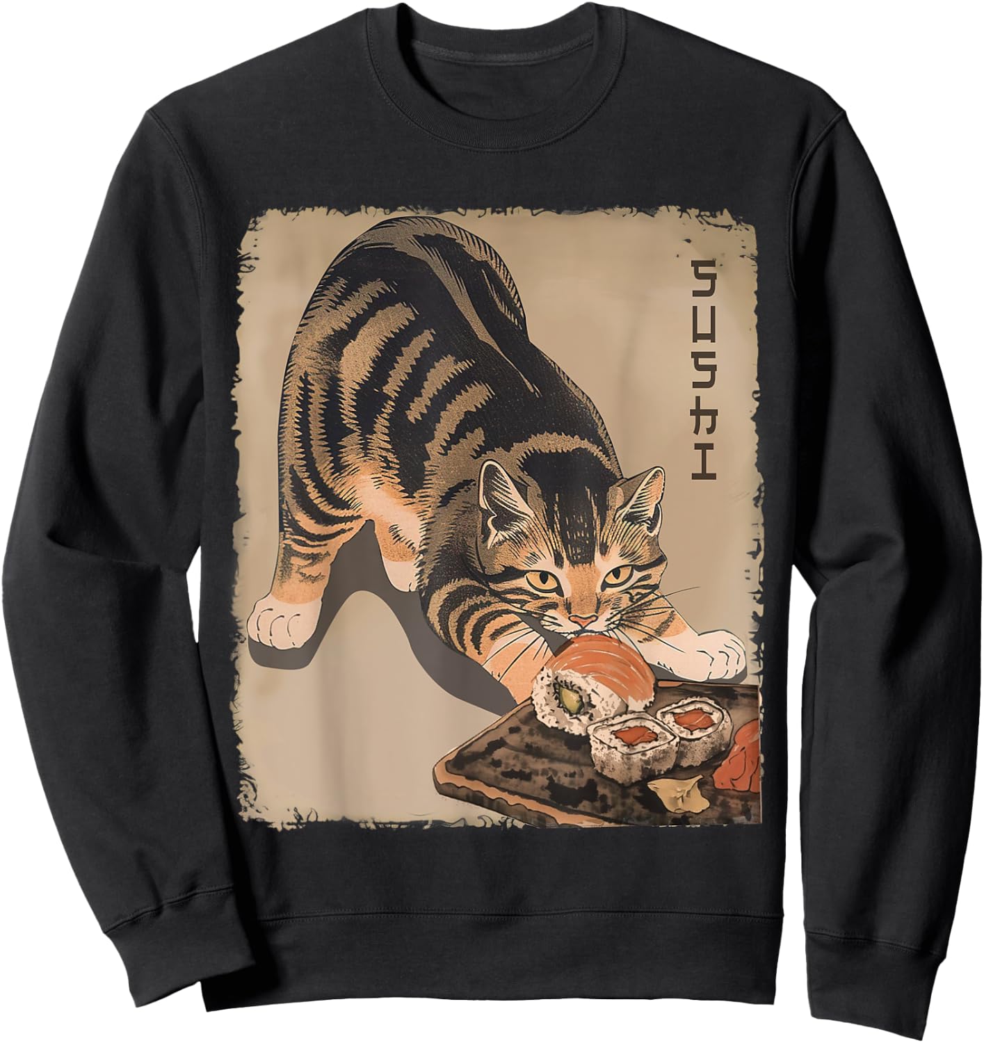 Kawaii Cat Eating Sushi Funny Japanese Anime Cute Cat Girls Sweatshirt - Sweatshirt | Black