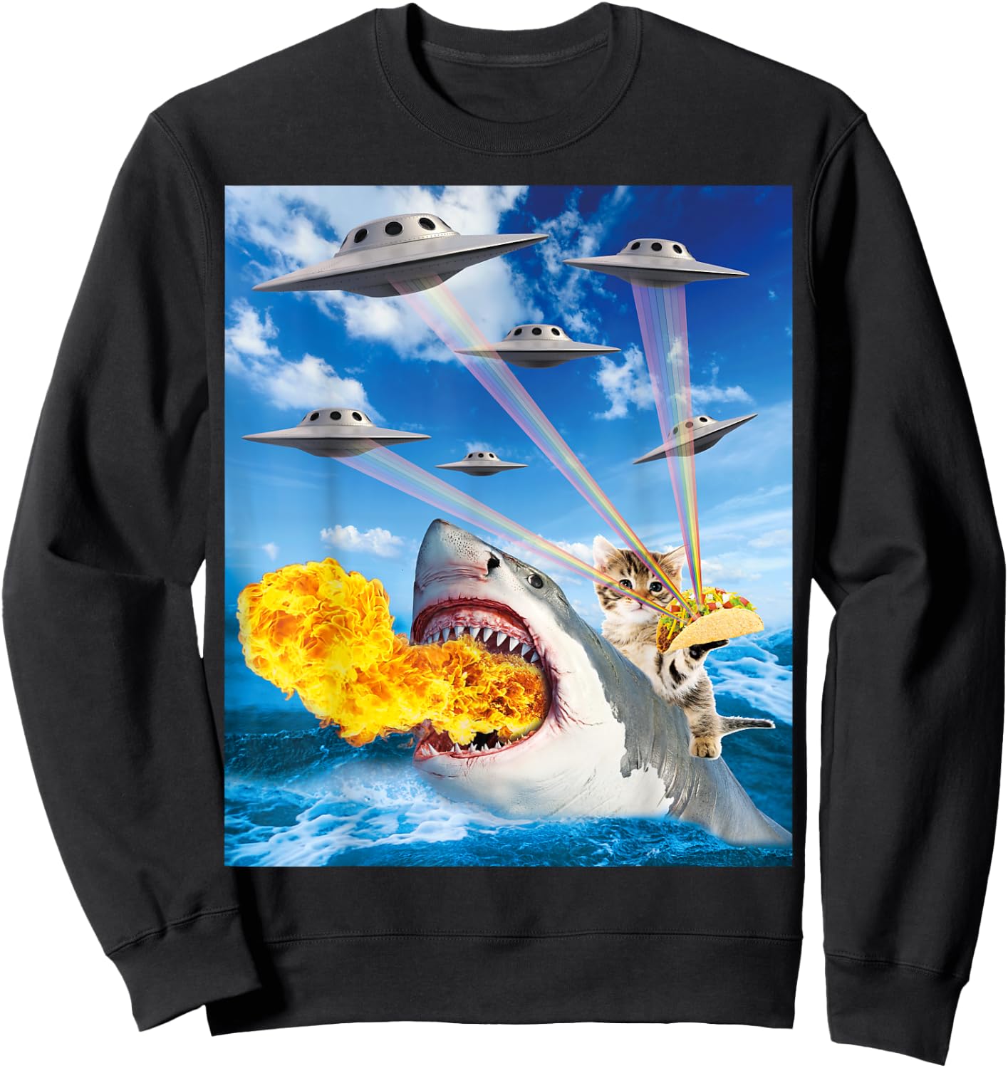 Cat Riding Fire Breathe Shark Rainbow Laser Taco Sweatshirt - Sweatshirt | Black