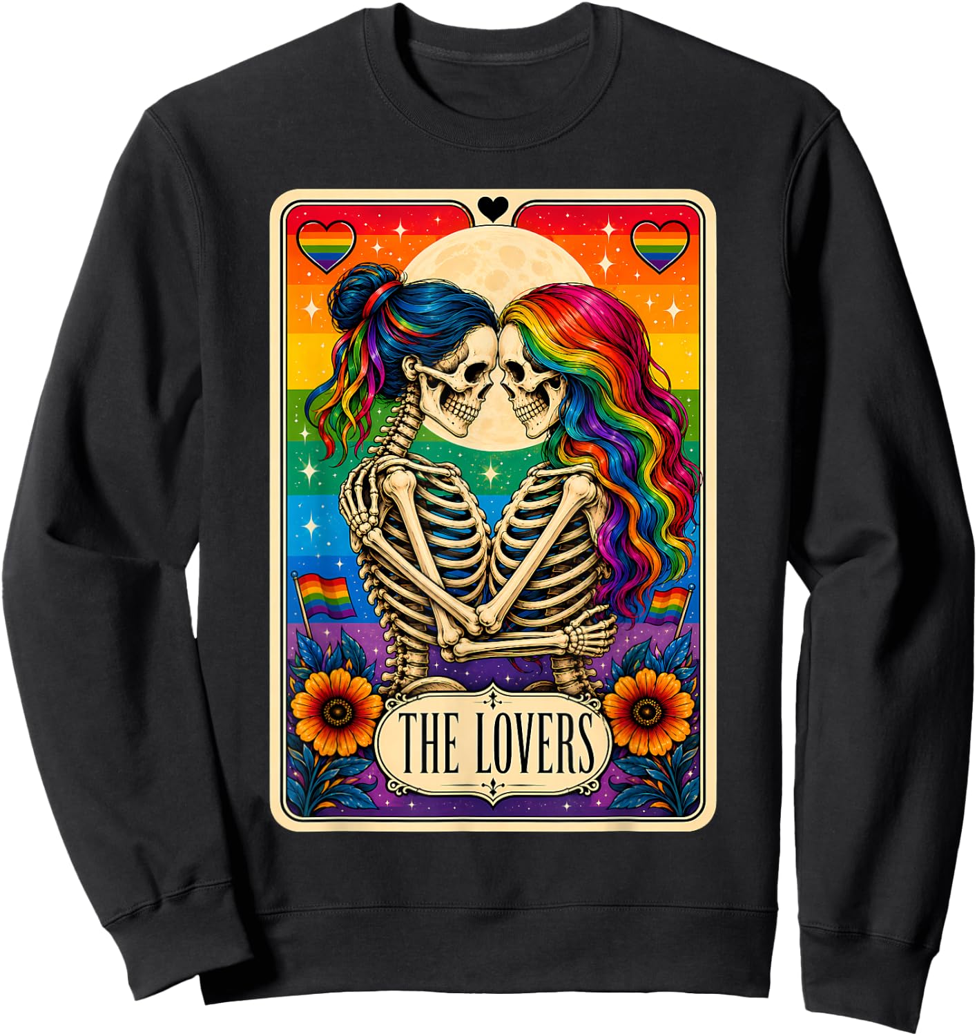 Tarot Card The Lovers Rainbow Kissing Lesbian Skeletons Sweatshirt - Sweatshirt | Black