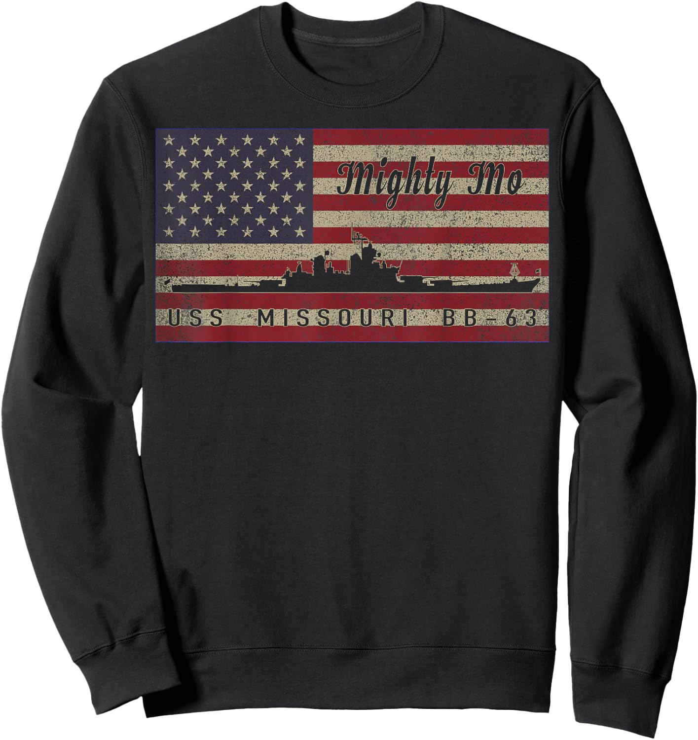 USS Missouri BB-63 Battleship Ship American Flag Sweatshirt - Sweatshirt | Black