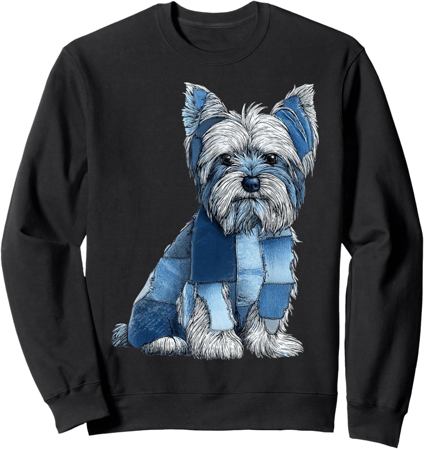 Funny Yorkshire Terrier Blue Denim Patchwork Graphic Animal Sweatshirt - Sweatshirt | Black