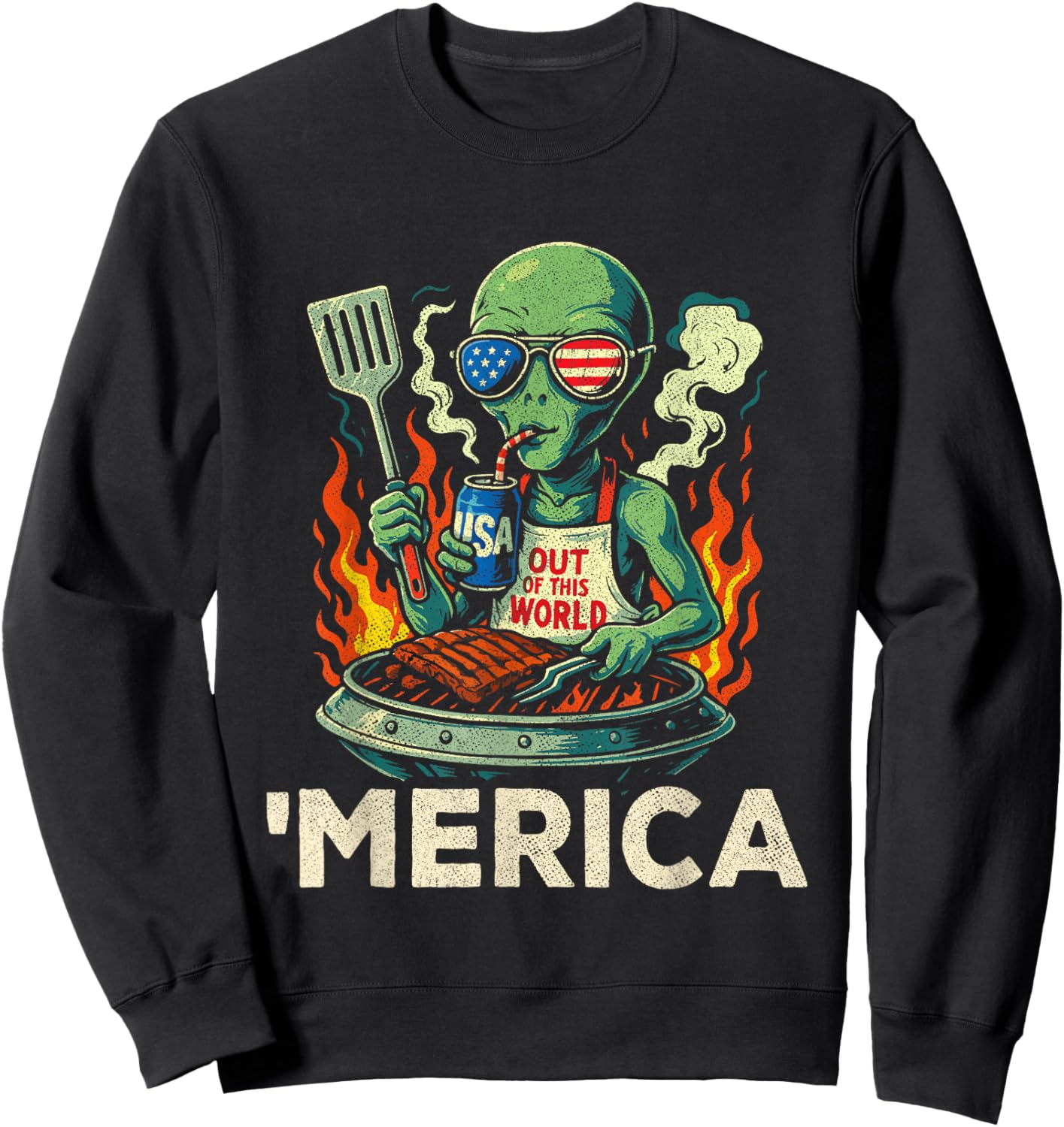 4th of July American Alien Grill - Merica USA - Funny Alien Sweatshirt - Sweatshirt | Black