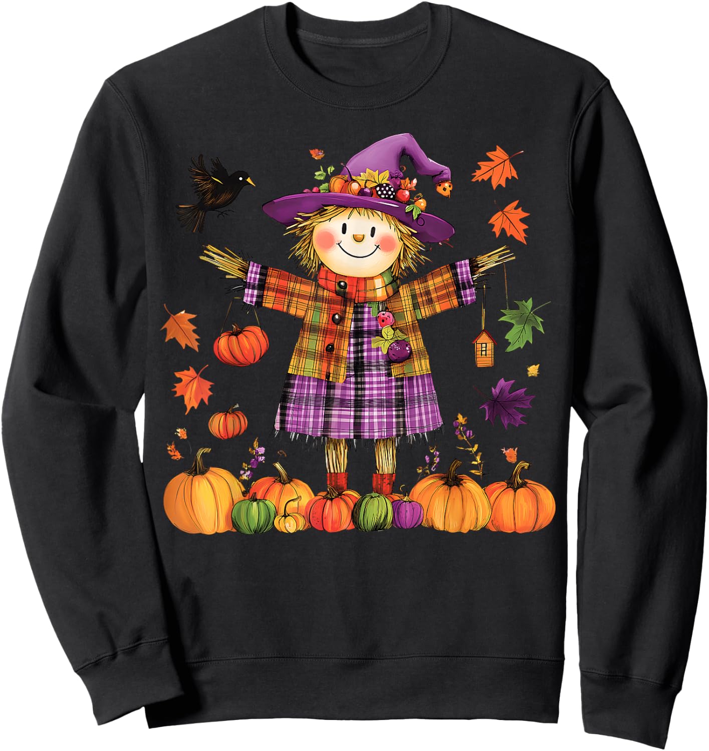 Scarecrow Happy Fall Y'all Pumpkin Thanksgiving Halloween Sweatshirt - Sweatshirt | Black