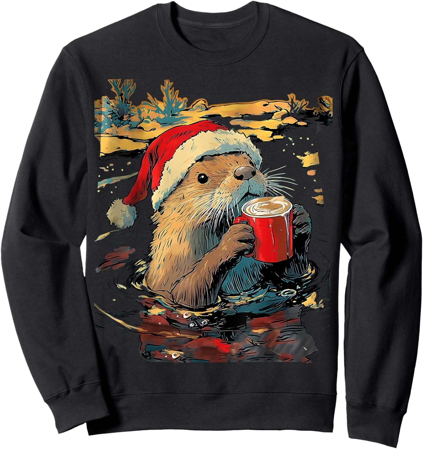 Christmas Otter Drinks Coffee Art Print Sweatshirt - Sweatshirt | Black