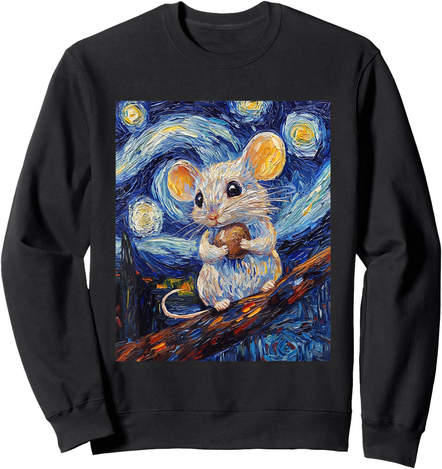 Cute Mouse Rat - Van Gogh Style - Starry Night Graphic Sweatshirt - Sweatshirt | Black