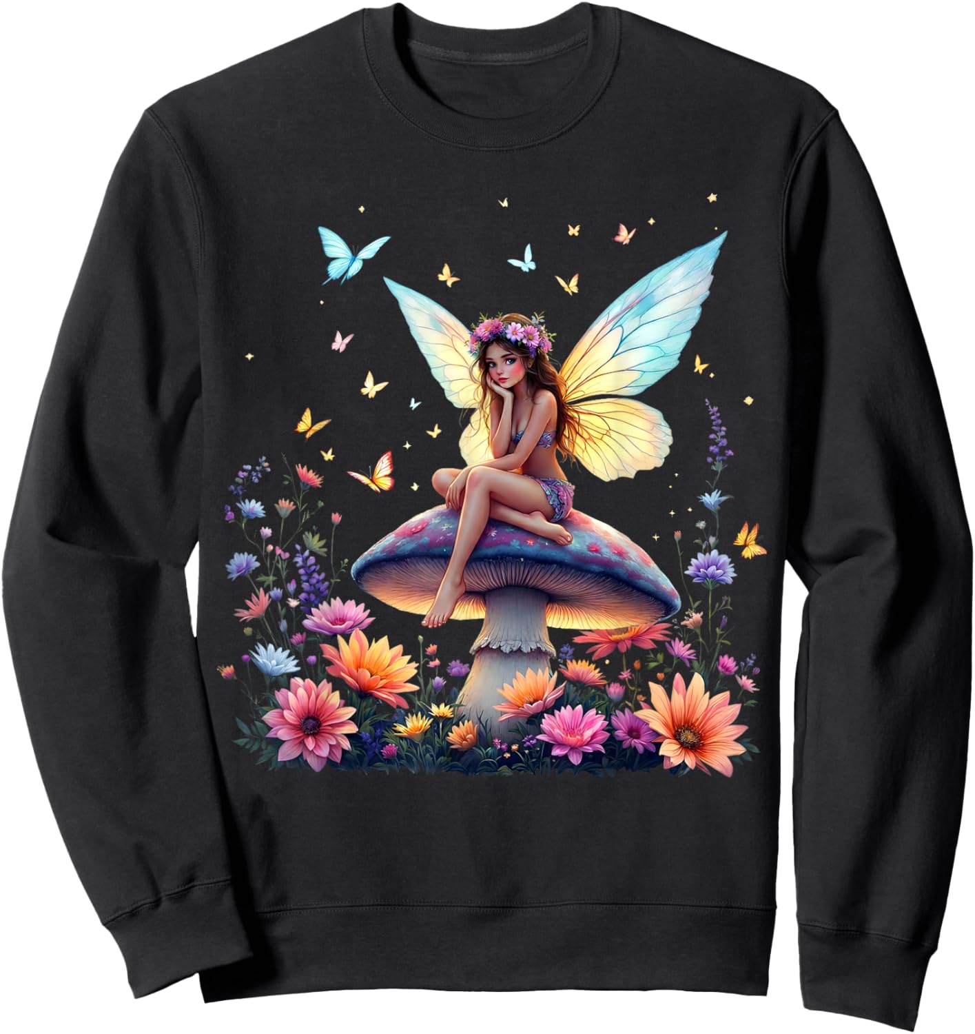 Whimsical Fairy Mushroom Floral Butterfly Fantasy Sweatshirt - Sweatshirt | Black