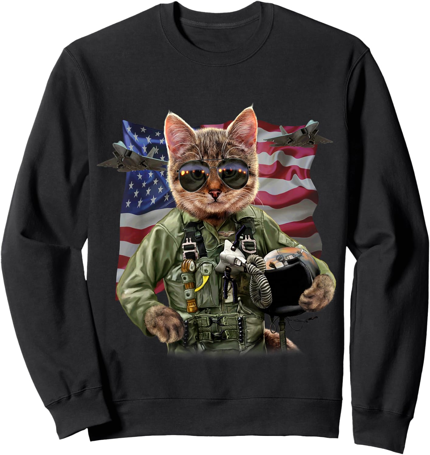 Cat Fighter Pilot with American Flag and Jets Sweatshirt - Sweatshirt | Black