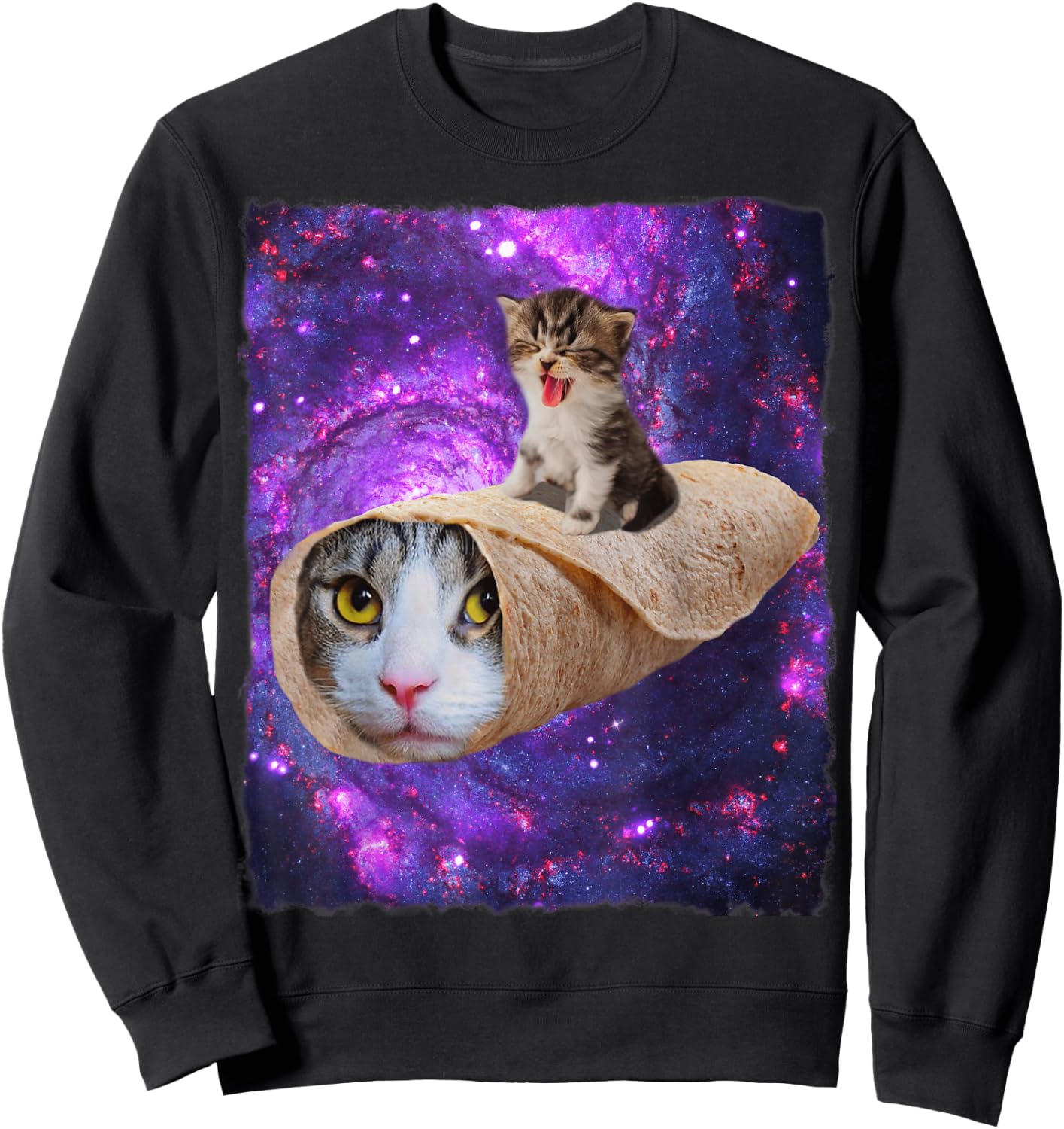 Cute Space Cat Kitty Riding A Burrito Cat In Outer Space Sweatshirt - Sweatshirt | Black