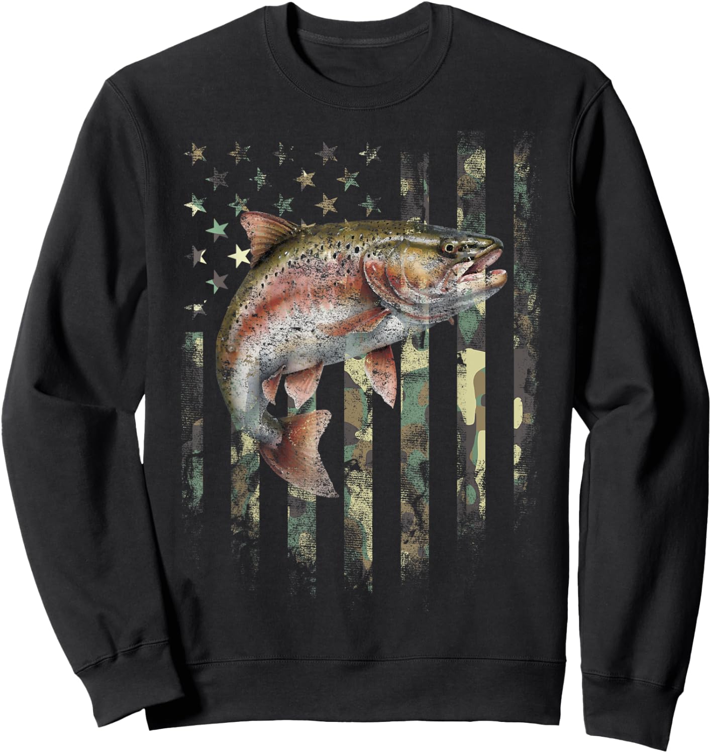 American USA Flag Rainbow Trout Fishing Camo Camouflage Sweatshirt - Sweatshirt | Black