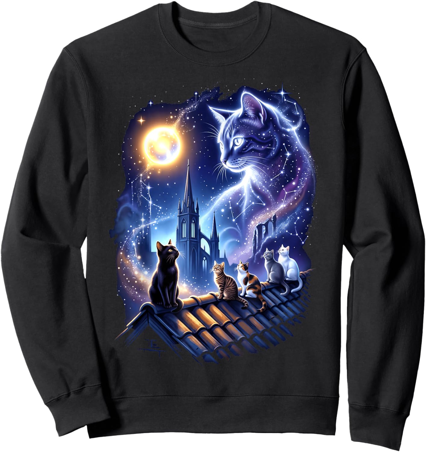 Cosmic Cat Constellation Magic Universe Kittens Moon Sweatshirt - Sweatshirt | Black