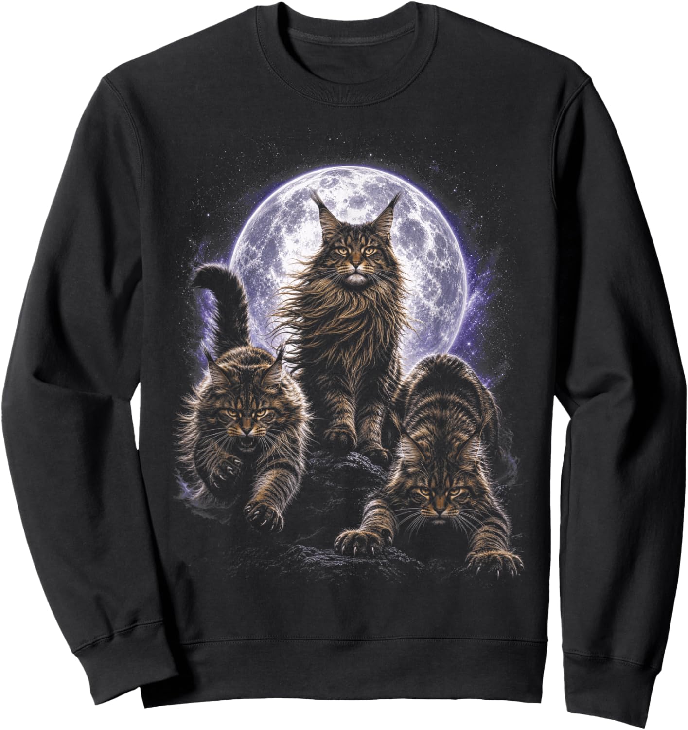 Wild Cats Maine Coon Full Moon Celestial Feline Lover Sweatshirt - Sweatshirt | Black