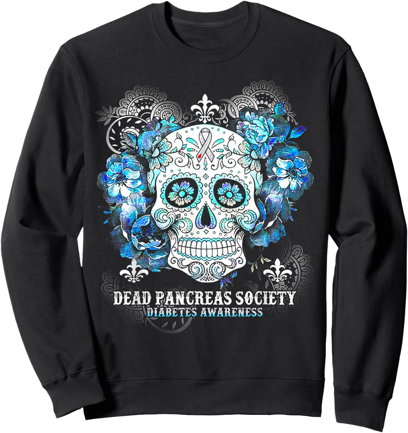 Dead Pancreas Society Diabetes Awareness Skull Flower Sweatshirt - Sweatshirt | Black