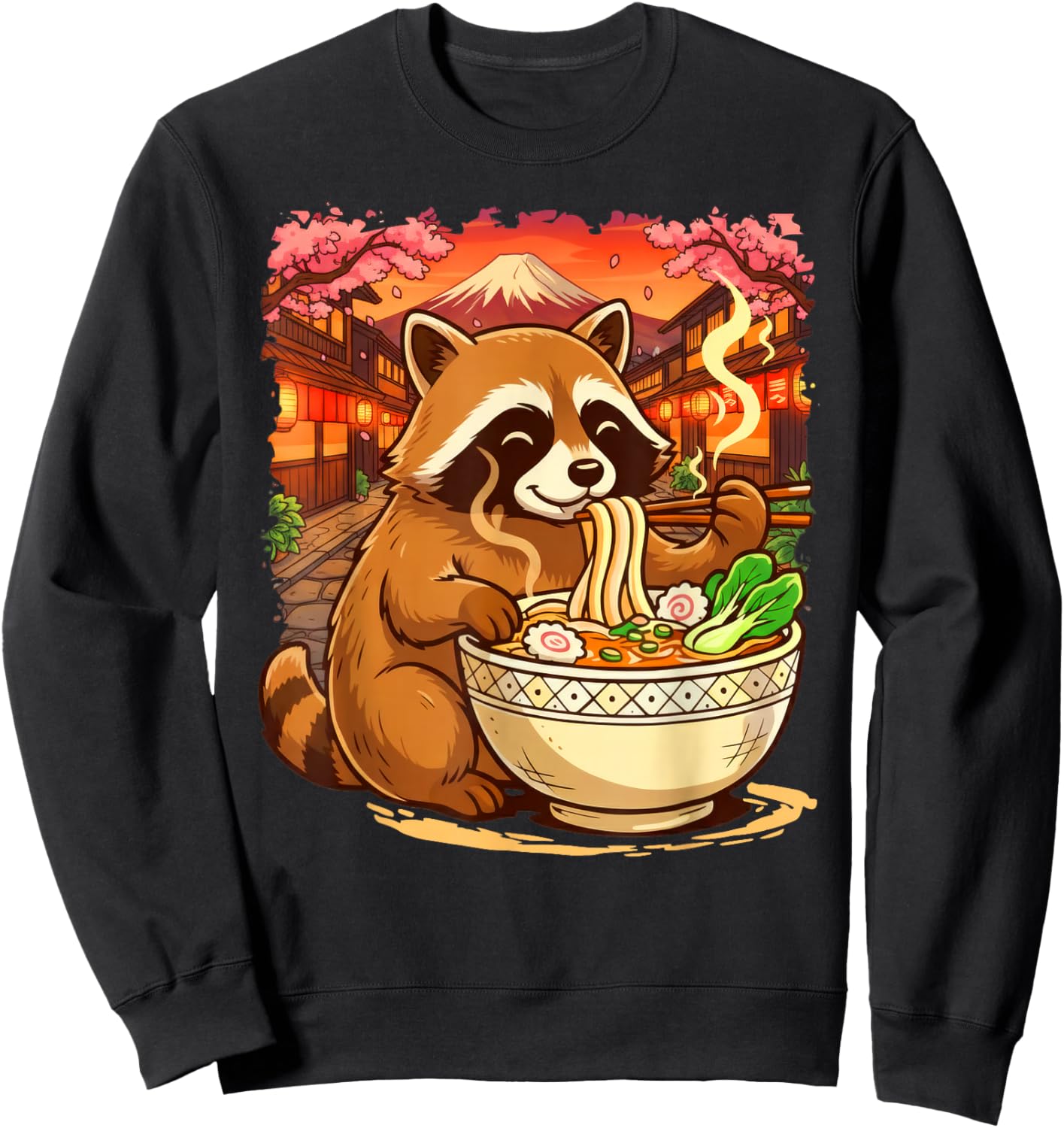 Funny Racoon Eating Ramen Japanese Kawaii Feral Anime Lovers Sweatshirt - Sweatshirt | Black