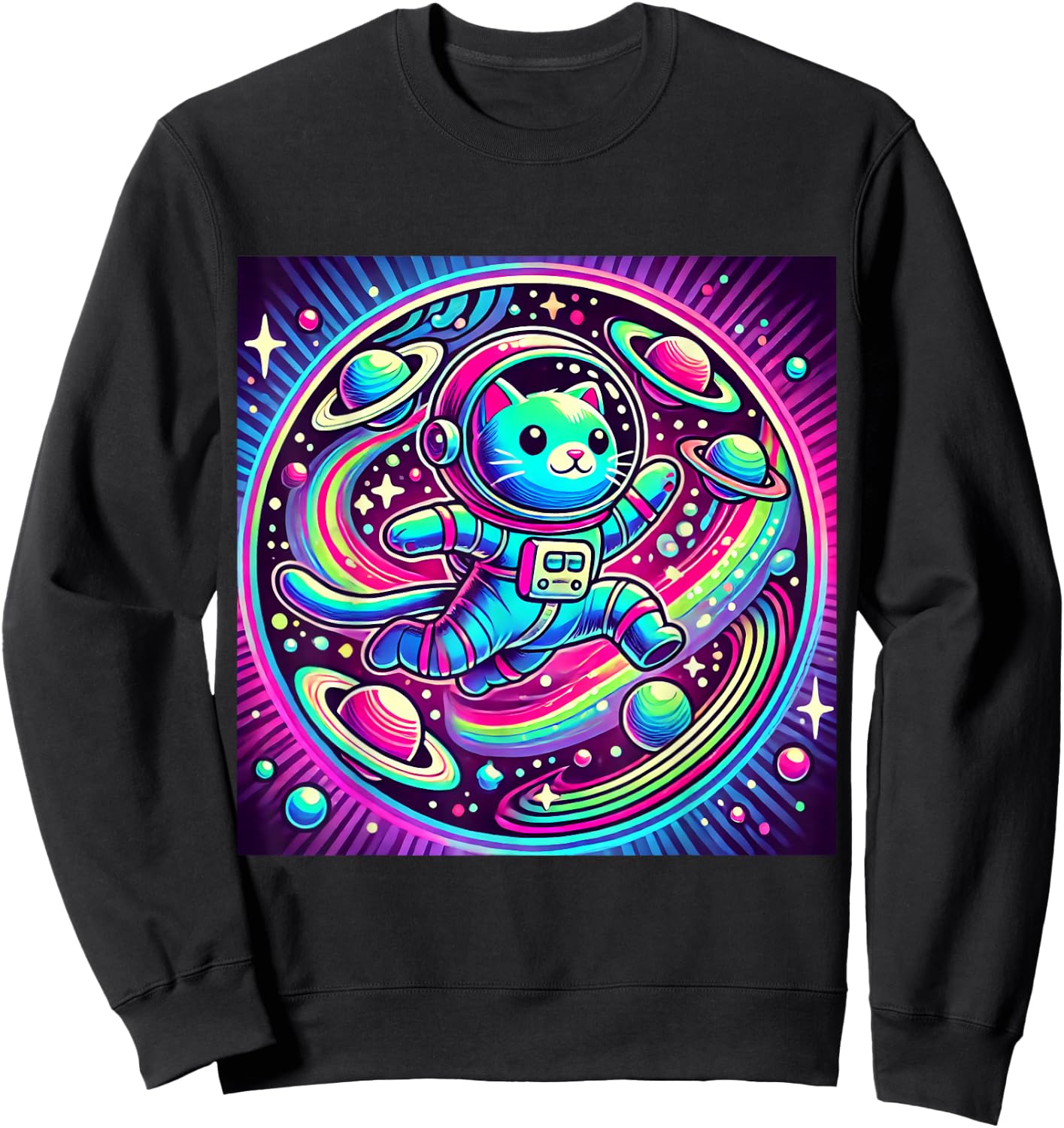 Astronaut Cat Flying Through a Neon Galaxy Sweatshirt - Sweatshirt | Black