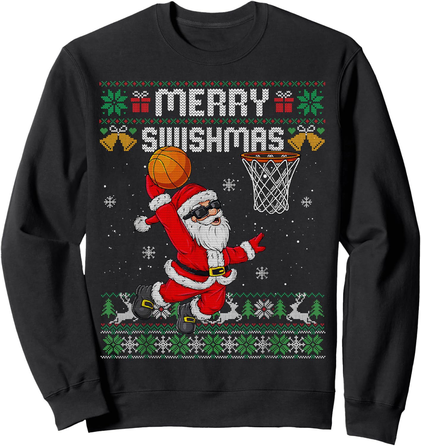 Merry Swishmas Ugly Christmas Sweater Funny Basketball Santa Sweatshirt - Sweatshirt | Black