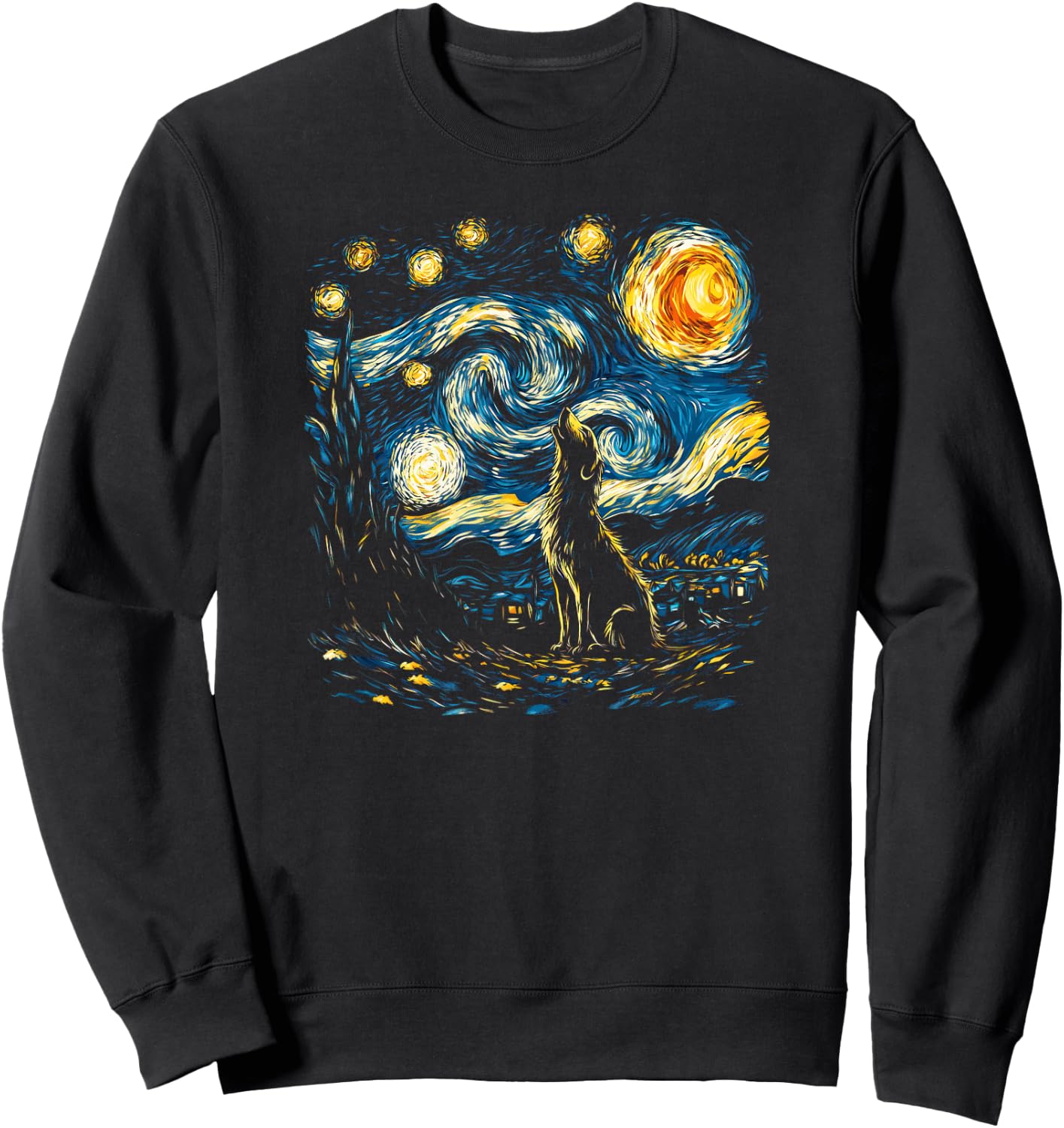 Wolf Starry Night Howling Moon Funny Van Gogh Graphic Sweatshirt - Sweatshirt | Black
