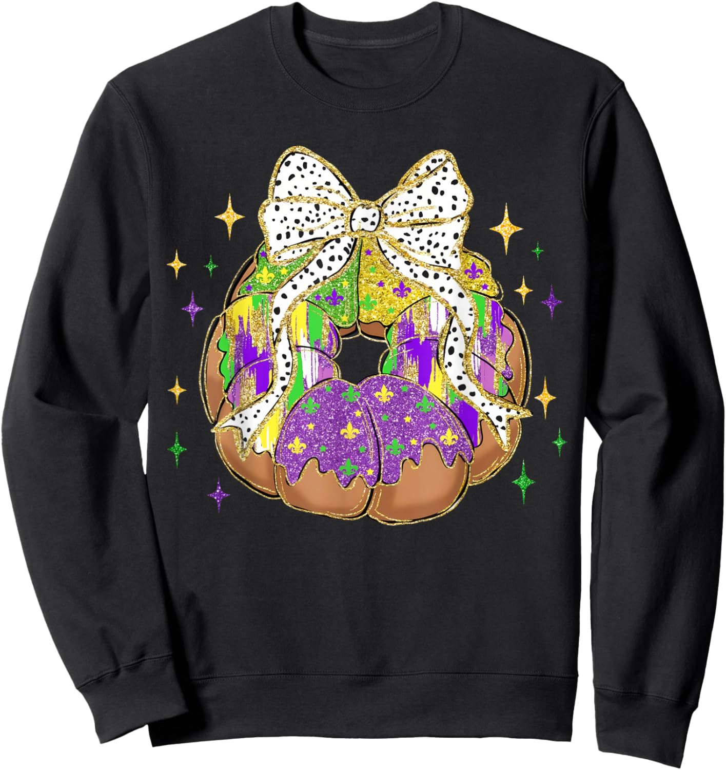 Retro King Cake Coquette Bow Beads Happy Mardi Gras Carnival Sweatshirt - Sweatshirt | Black