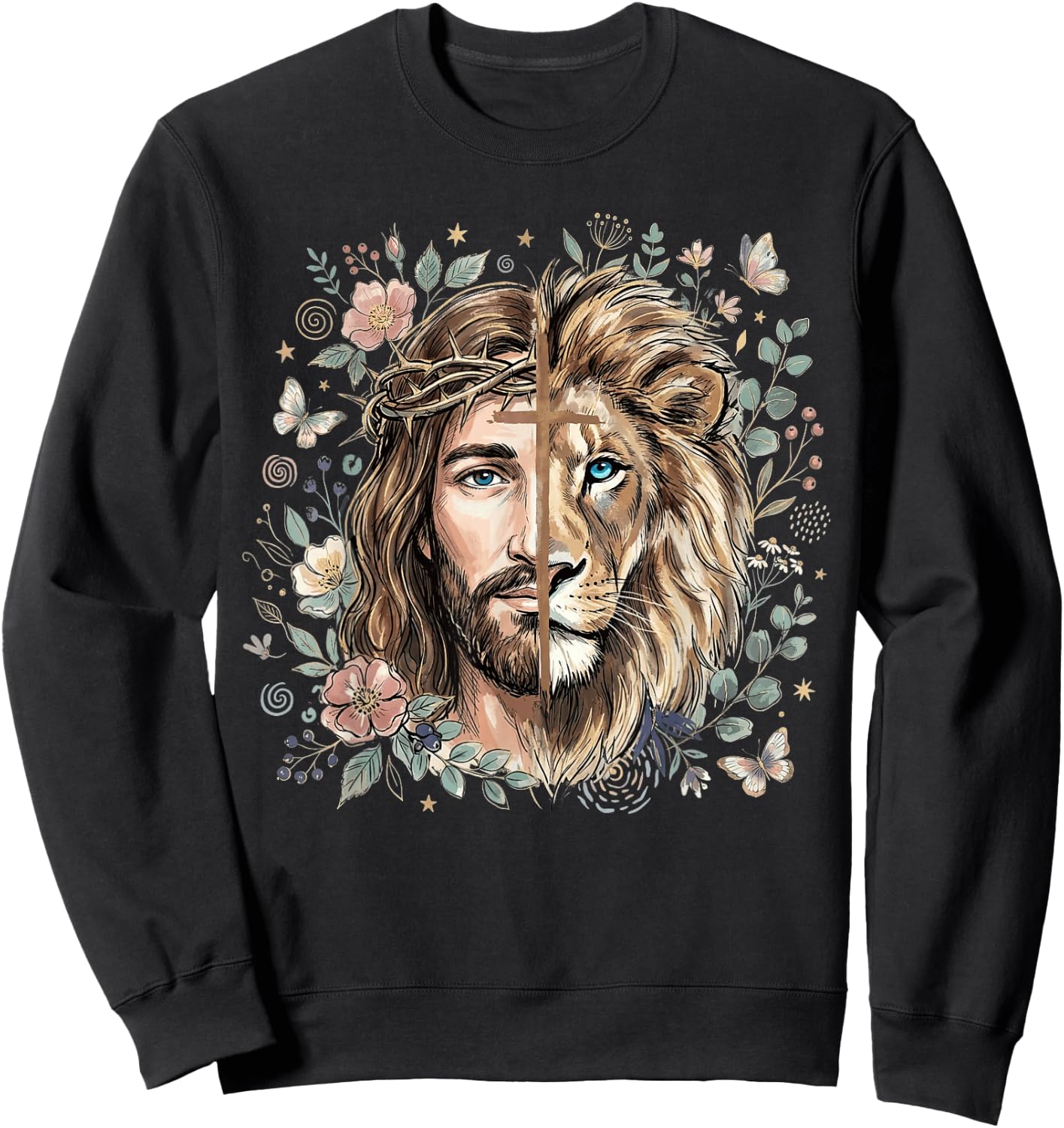 Lion of Judah Jesus Christian Cross Floral Faith Religious Sweatshirt - Sweatshirt | Black