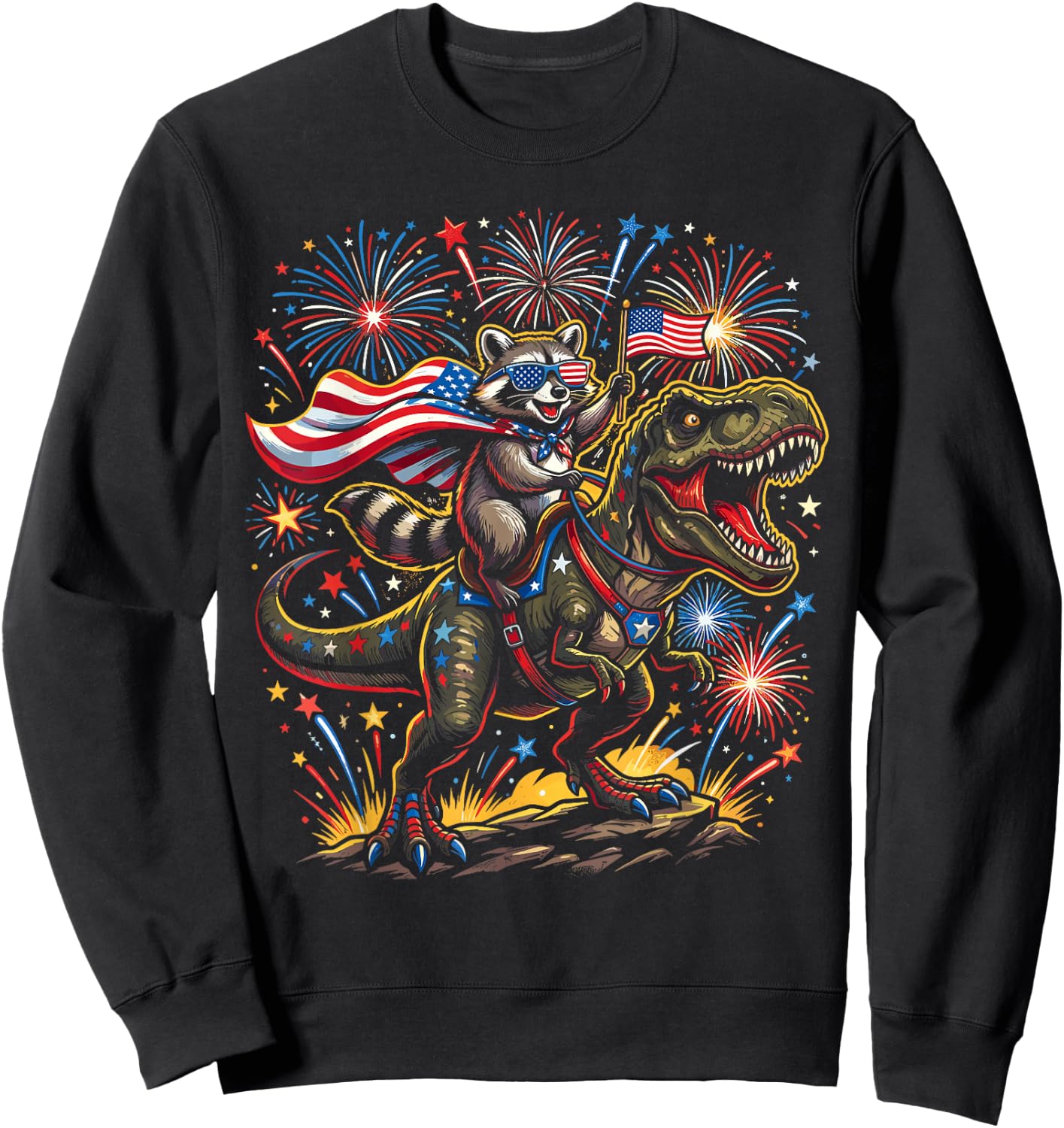 Funny 4th of July Shirts, Patriotic Raccoon Dinosaur Sweatshirt - Sweatshirt | Black