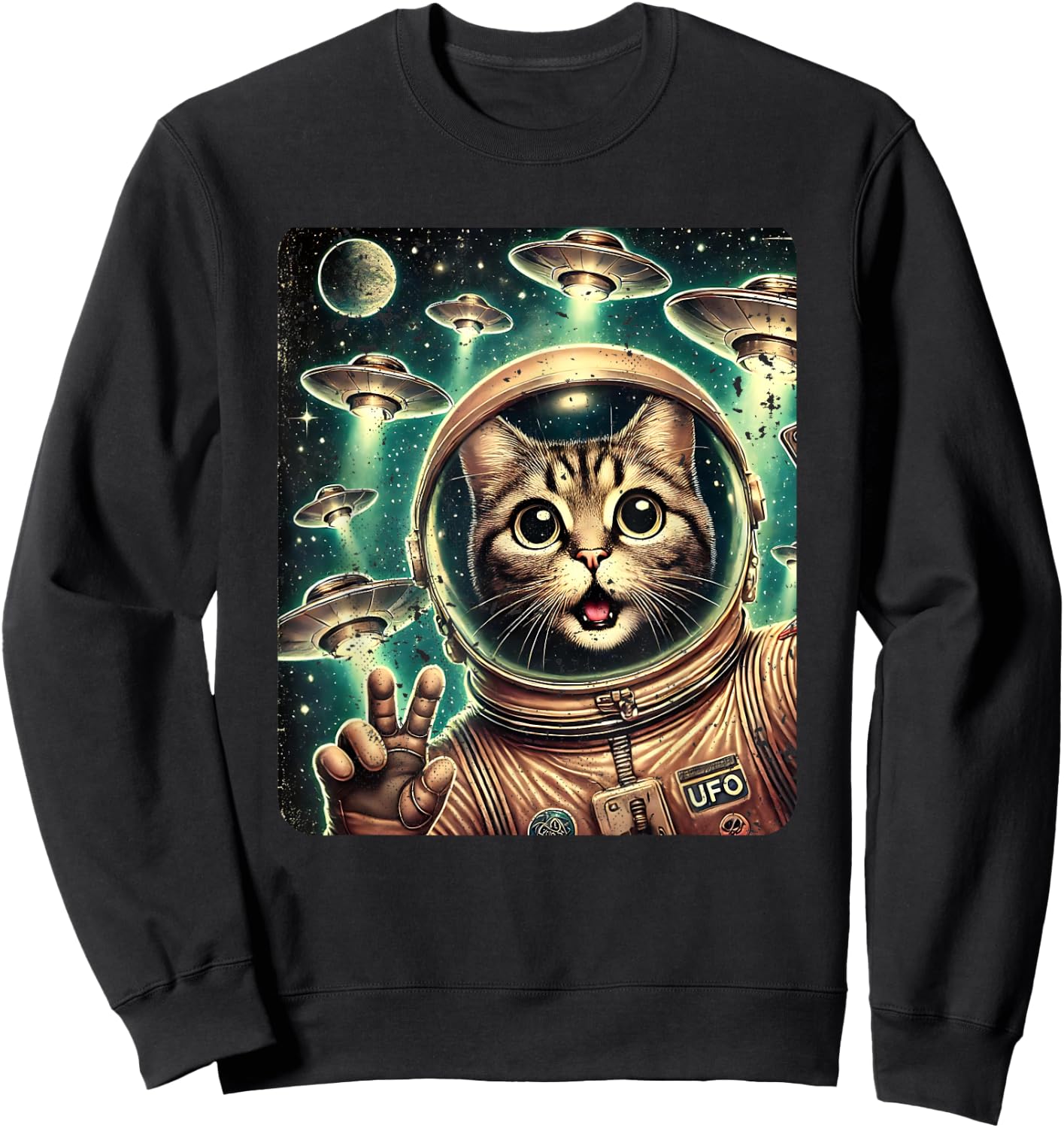 Space Cat Astronaut UFO Funny Sci-fi Alien Selfie Sweatshirt - Sweatshirt | Black