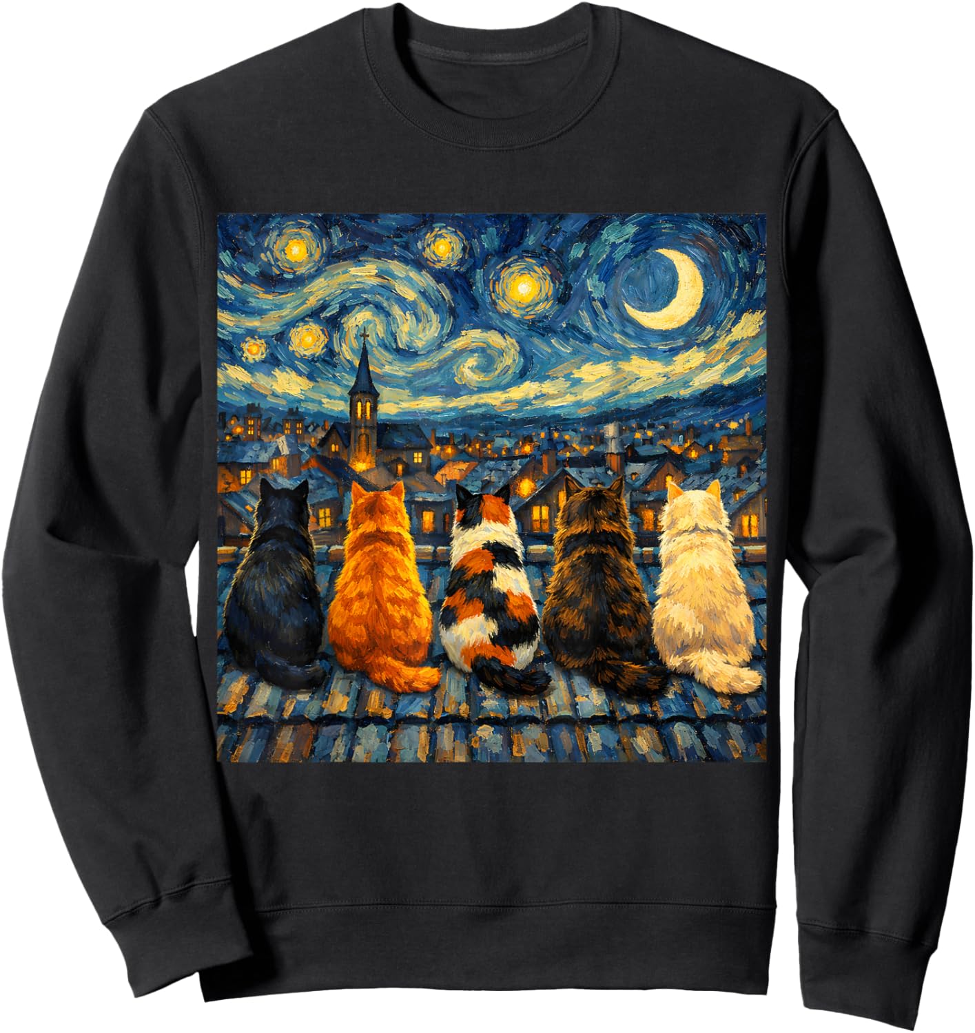 Funny Cat Starry Night Van Gogh Cats Rooftop Scene Feline Sweatshirt - Sweatshirt | Black