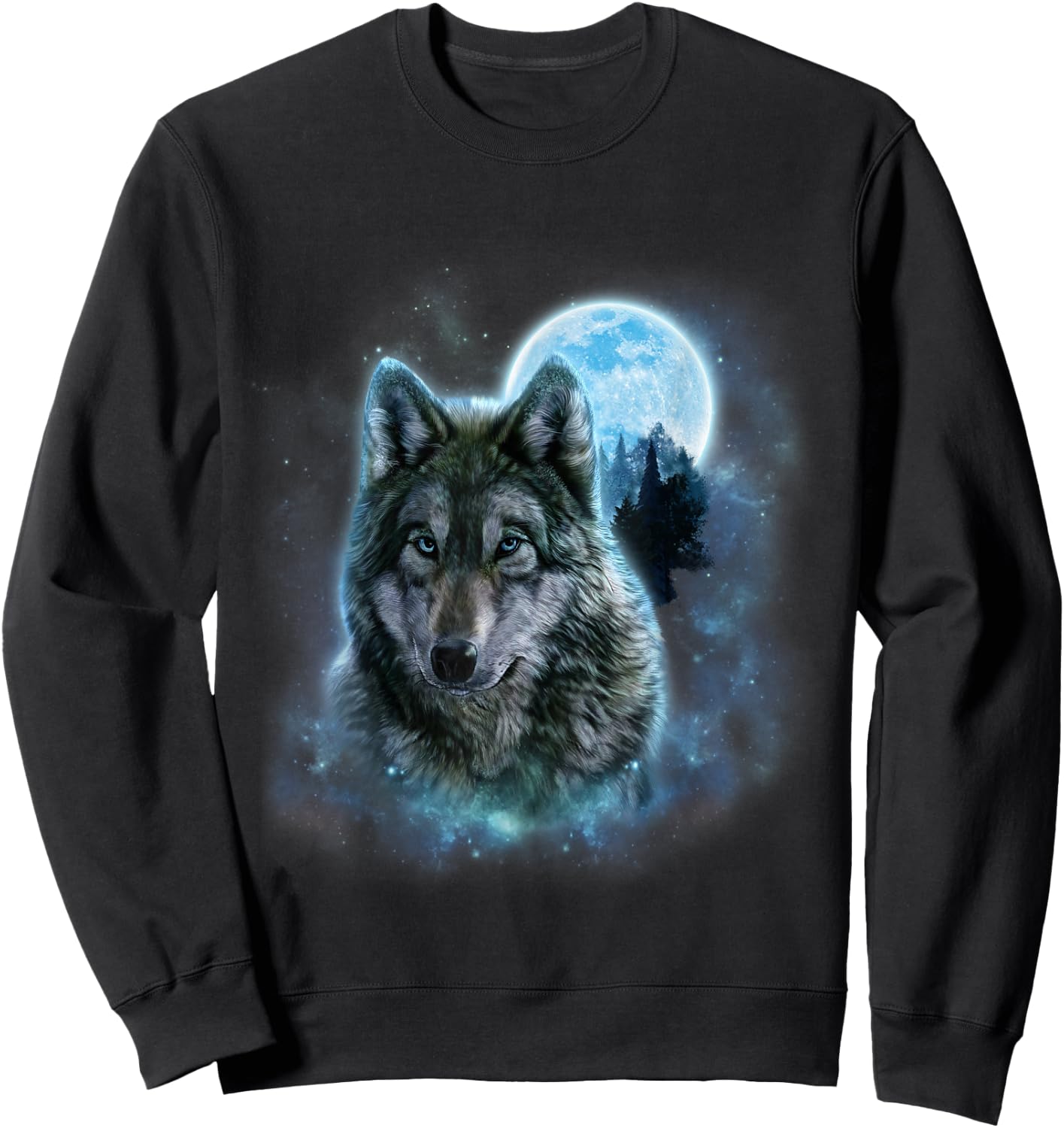 Grey Wolf Hunting Ground, ICY Moon, Forest, Galaxy Sweatshirt - Sweatshirt | Black