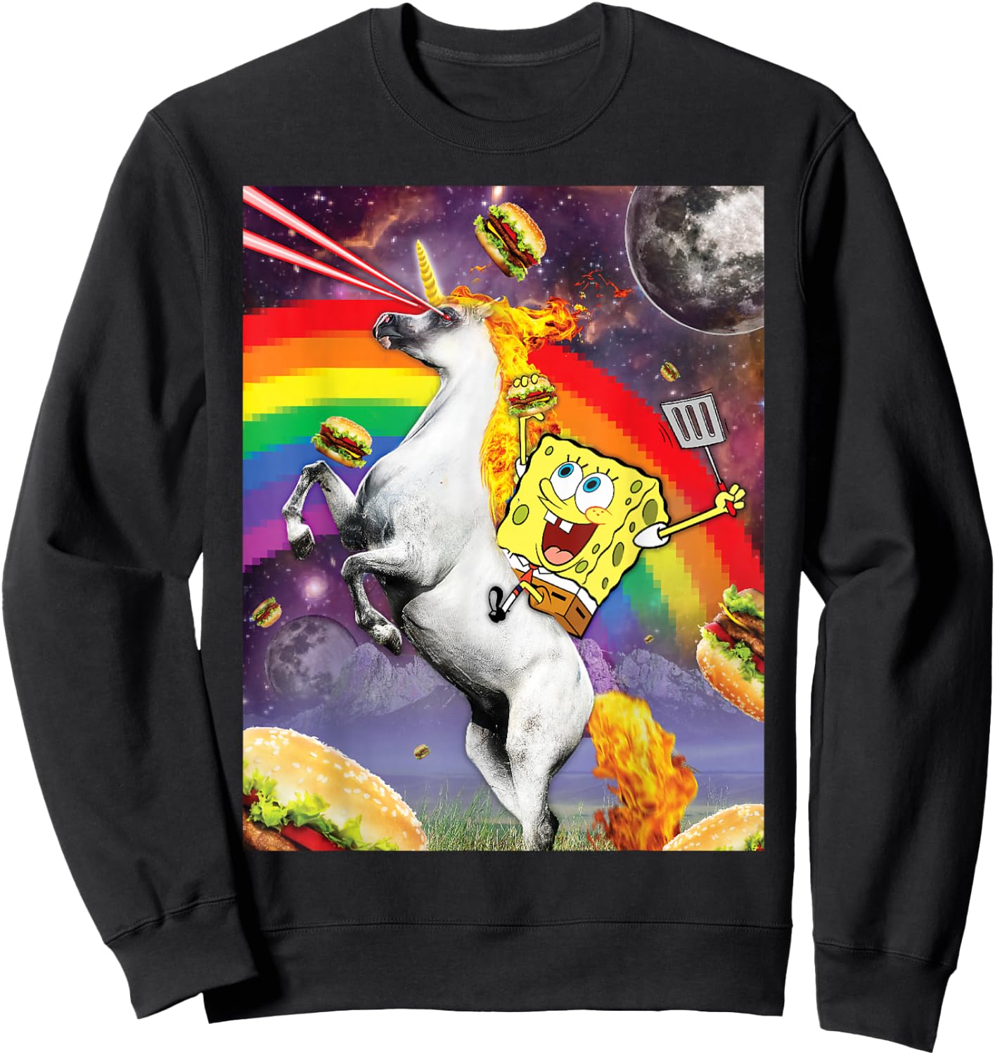 Spongebob SquarePants Unicorn Riding With Rainbow Sweatshirt - Sweatshirt | Black