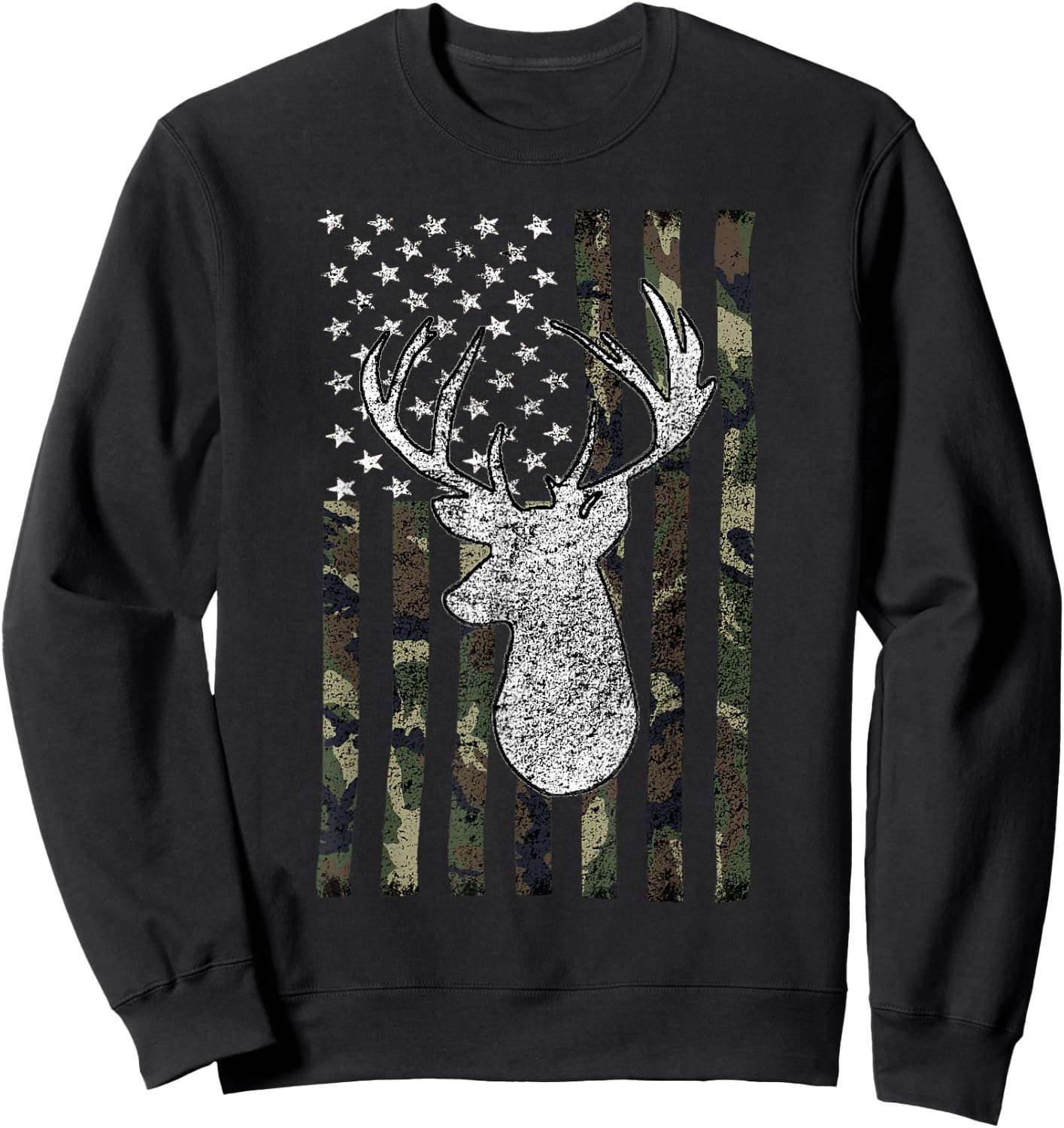 Whitetail Buck Deer Hunting American Camouflage USA Flag Short Sleeve Sweatshirt - Sweatshirt | Black