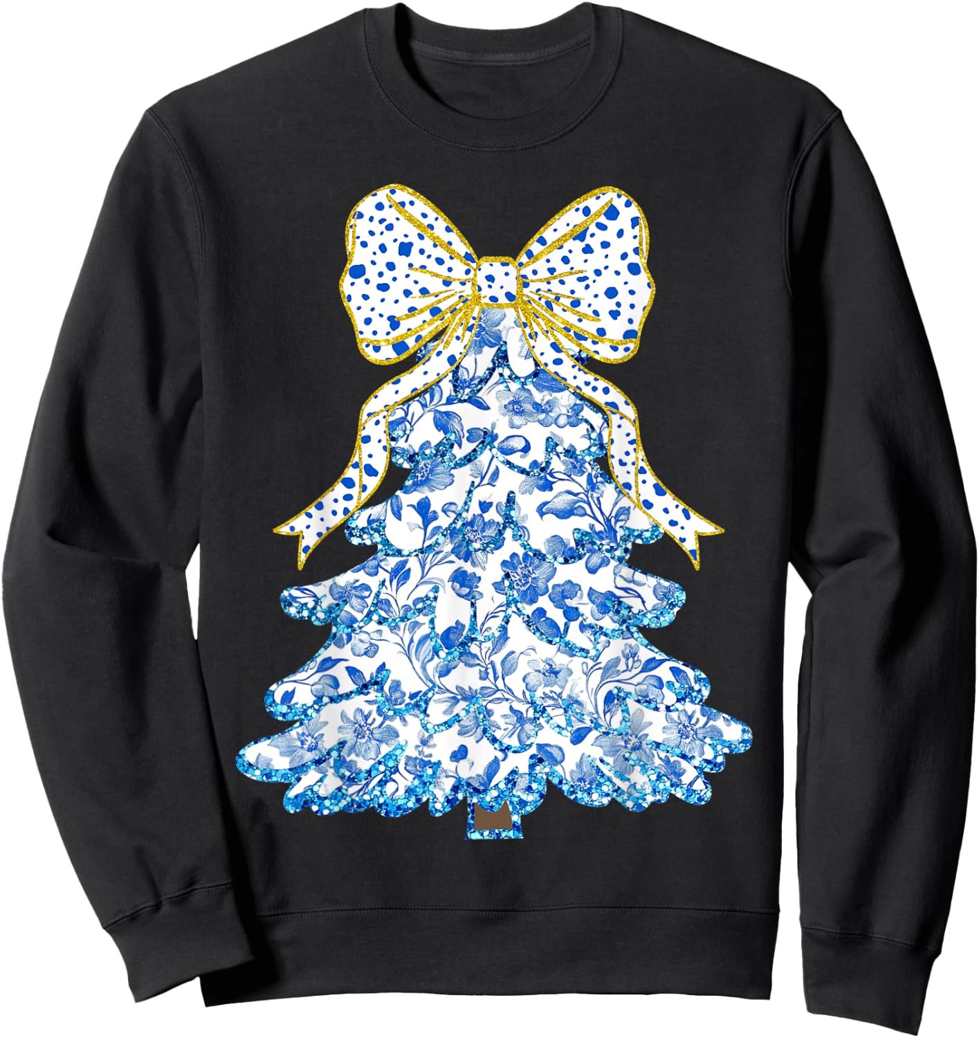 Blue Floral Coquette Bow Christmas Tree Chinoiserie Women Sweatshirt - Sweatshirt | Black