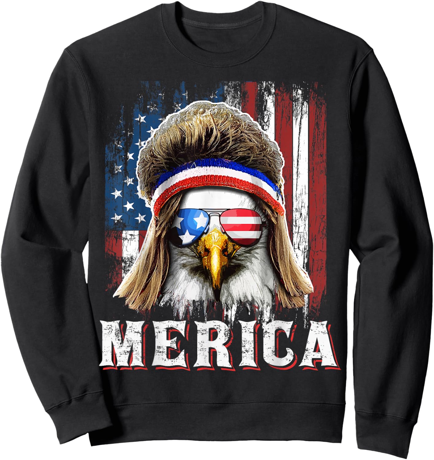 Merica Eagle Mullet 4th of July American Flag Stars Stripes Sweatshirt - Sweatshirt | Black