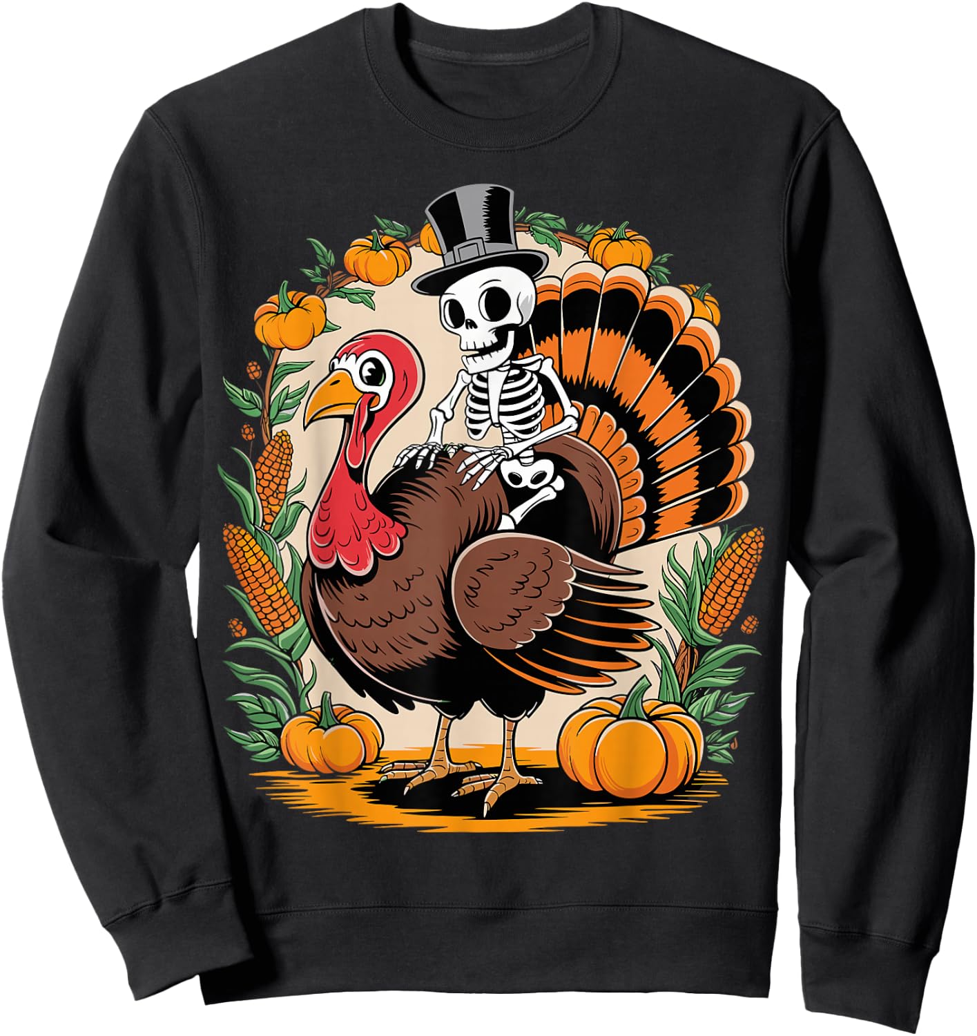Skeleton Riding Turkey Thanksgiving Day Funny Fall Autumn Sweatshirt - Sweatshirt | Black