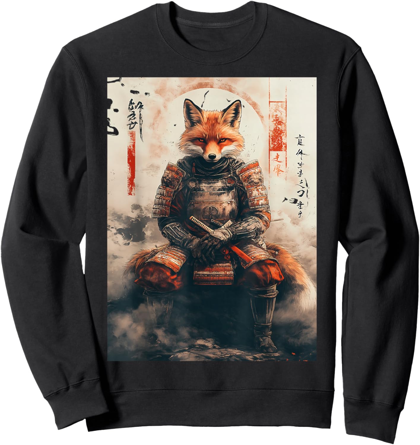 Ukiyo-e Japanese Woodblok Art Samurai Fox Warrior Sweatshirt - Sweatshirt | Black