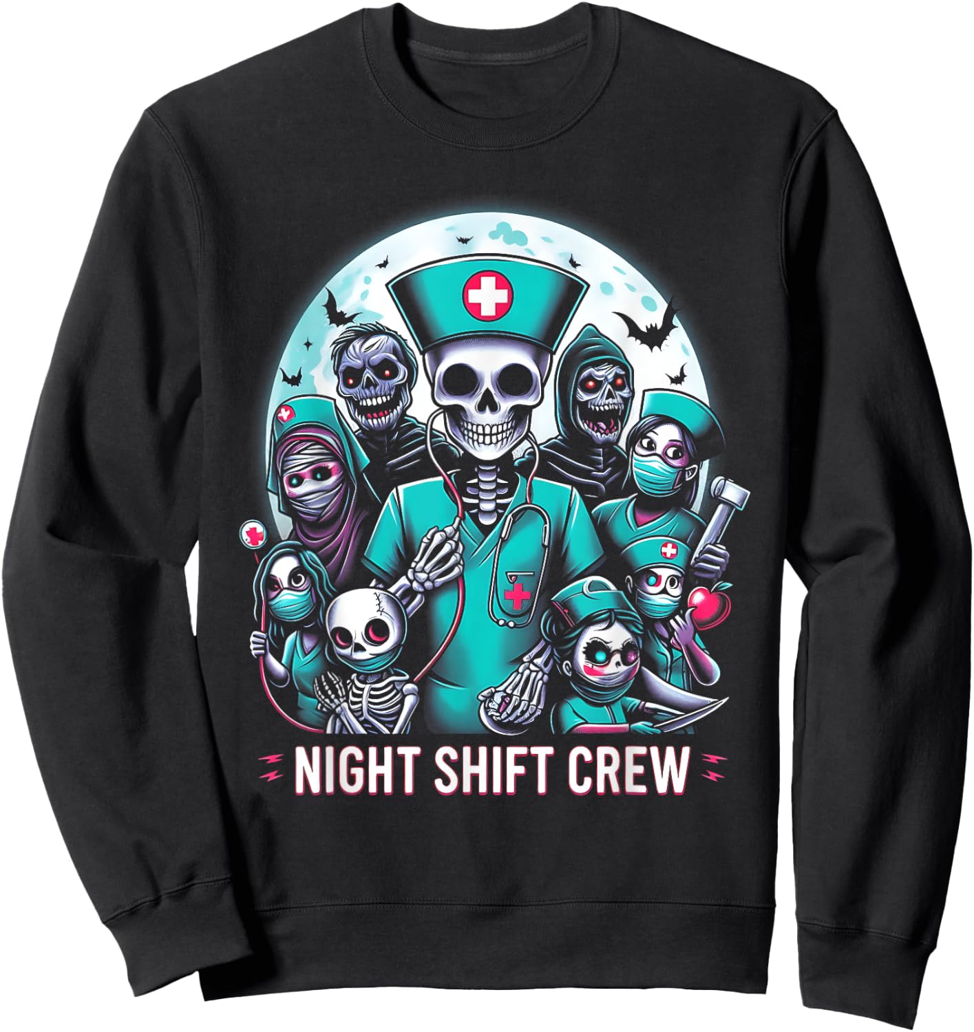 Night-Shift Crew Ghost Skeleton Zombie Funny Halloween Nurse Sweatshirt - Sweatshirt | Black