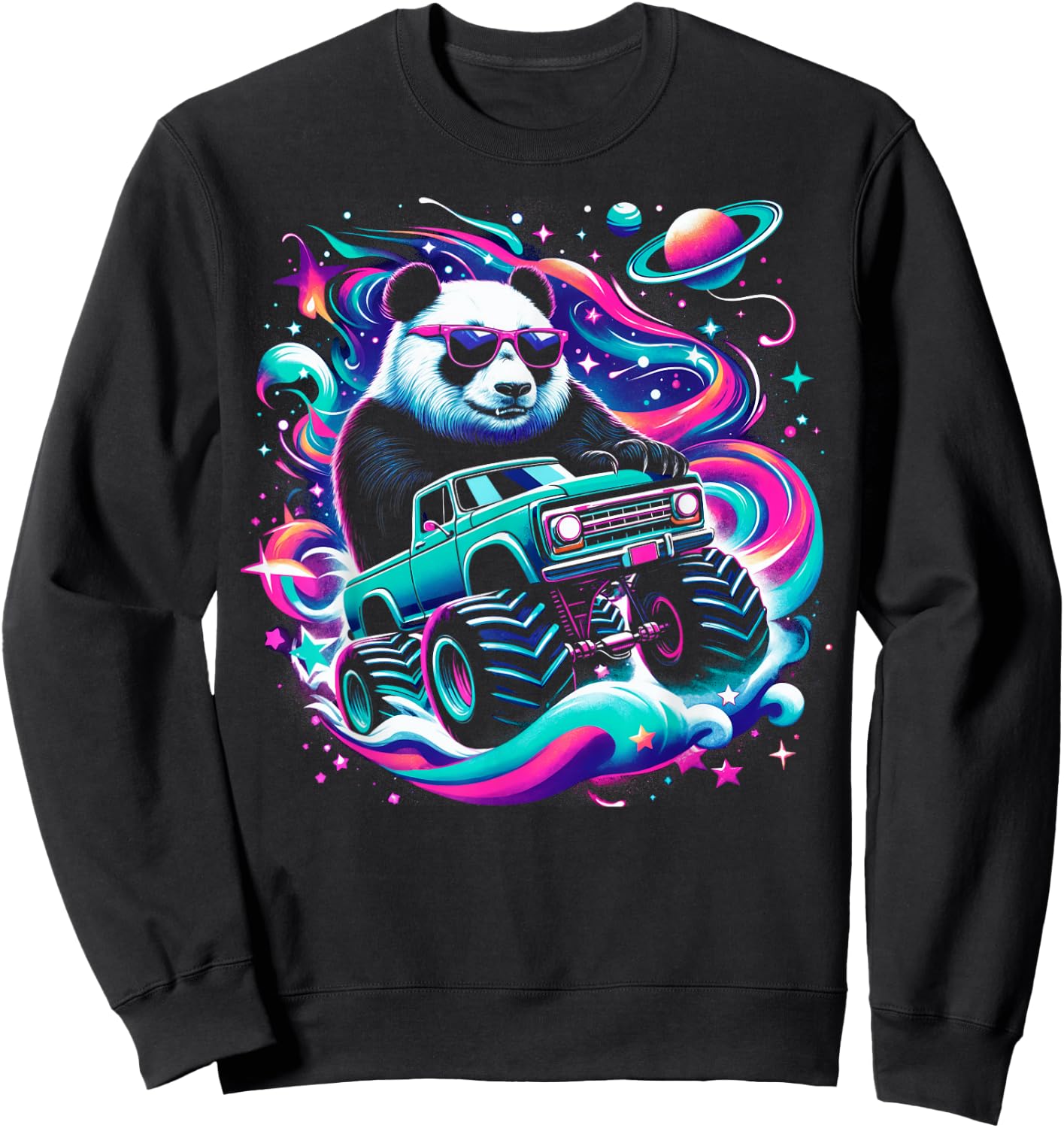 Cool Giant Panda Driving Monster Truck in Cosmic Space Sweatshirt - Sweatshirt | Black