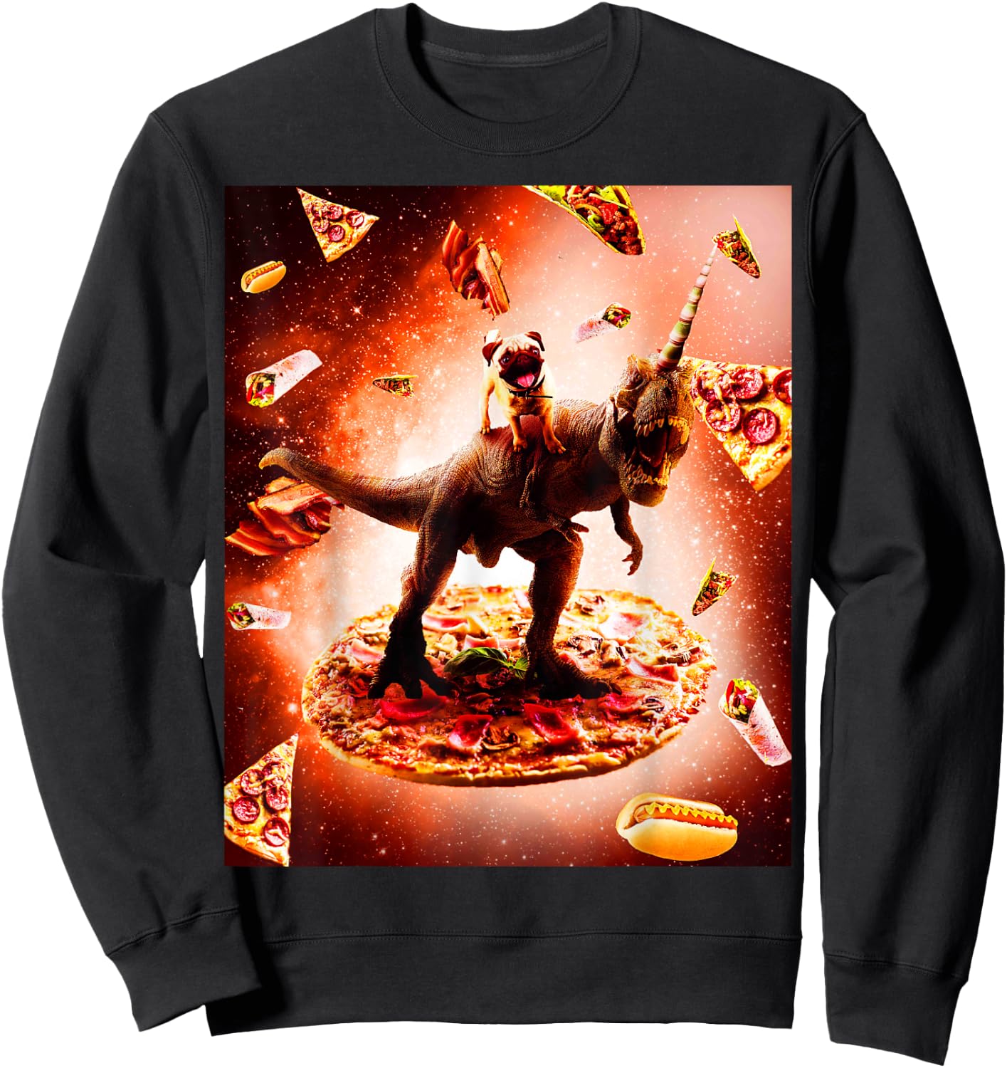 Outer Space Pug Riding Dinosaur Unicorn - Pizza Sweatshirt - Sweatshirt | Black