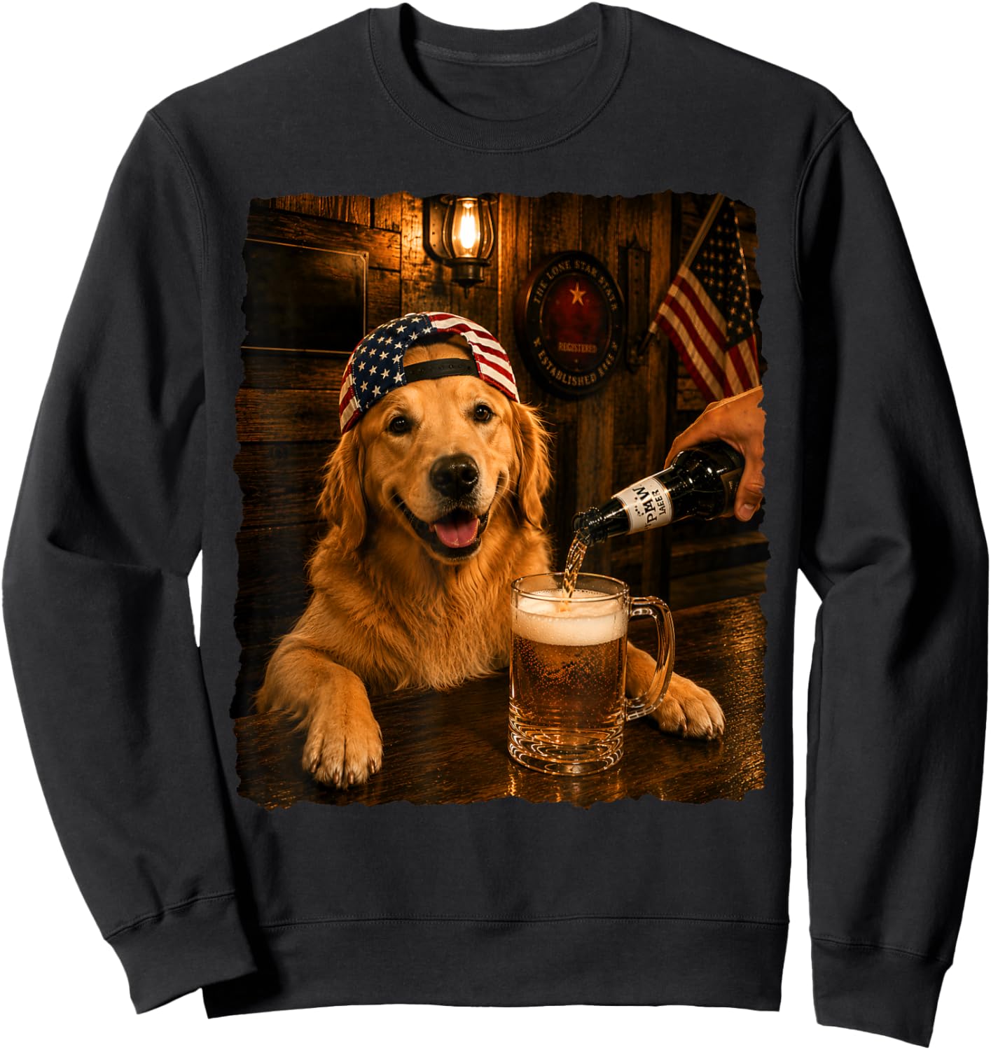 Golden Retriever Dog Meme Drinking Beer USA Flag 4th of July Sweatshirt - Sweatshirt | Black