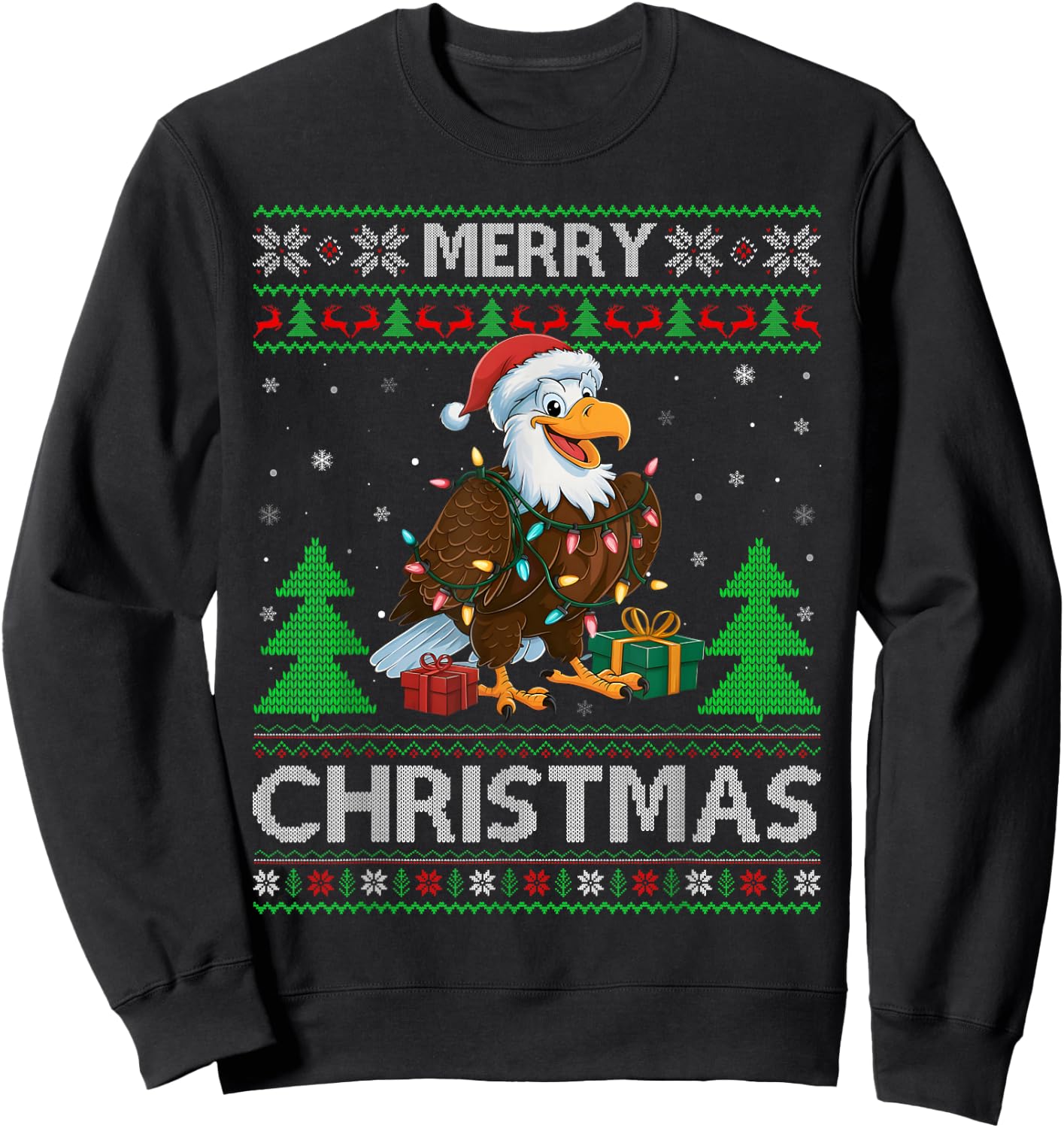 Ugly Xmas Sweater Style Lights Santa Eagle Christmas Sweatshirt - Sweatshirt | Black