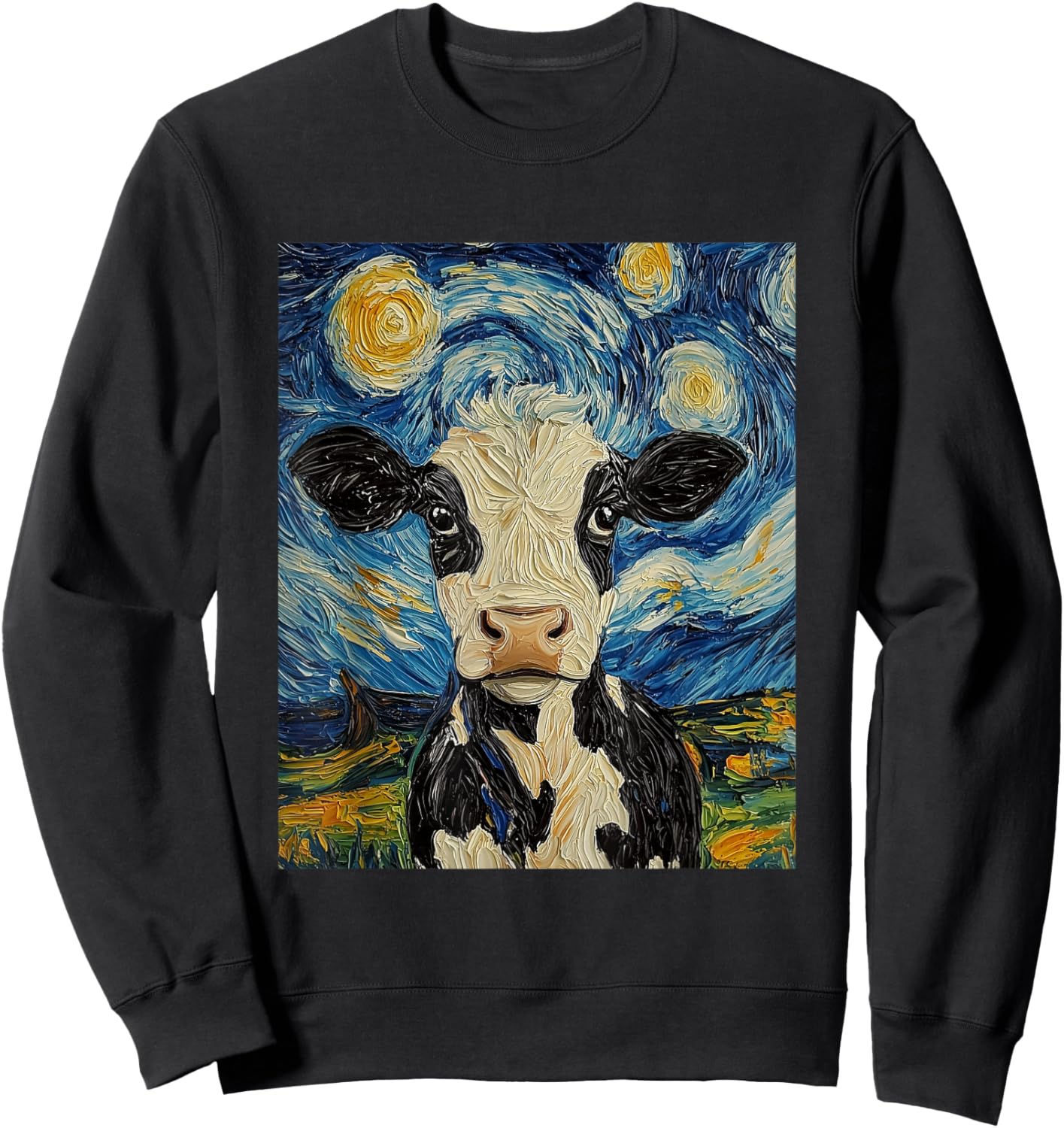 Cow Van Gogh Style Starry Night Funny Graphic Sweatshirt - Sweatshirt | Black