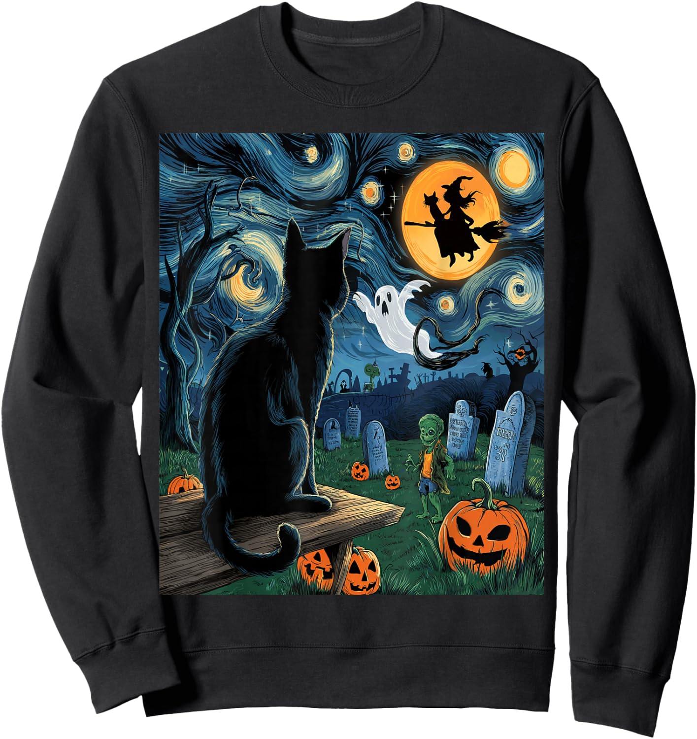Halloween Van Gogh Starry Night Black Cat Pumpkins Witch Sweatshirt - Sweatshirt | Black